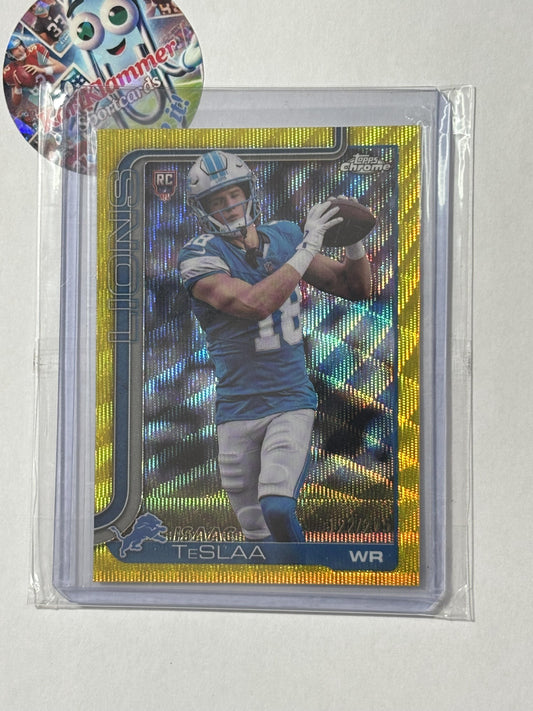 2025 Topps Chrome #320 Isaac TeSlaa Yellow Wave Refractor /275 Detroit Lions RC