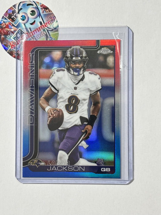 2025 Topps Chrome #24 Lamar Jackson Red White and Blue Refractor Baltimore Ravens