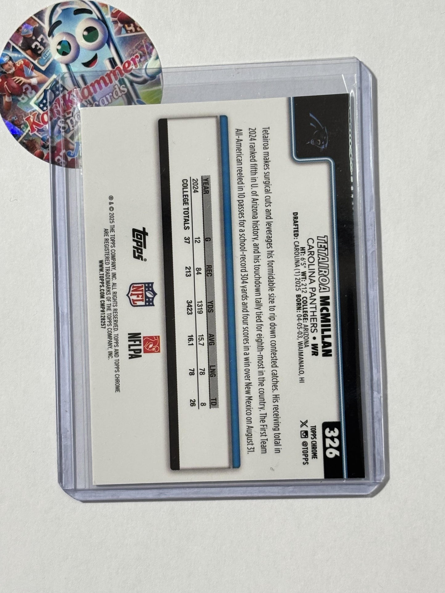 2025 Topps Chrome #326 Tetairoa McMillan Pulsar Refractor Carolina Panthers RC