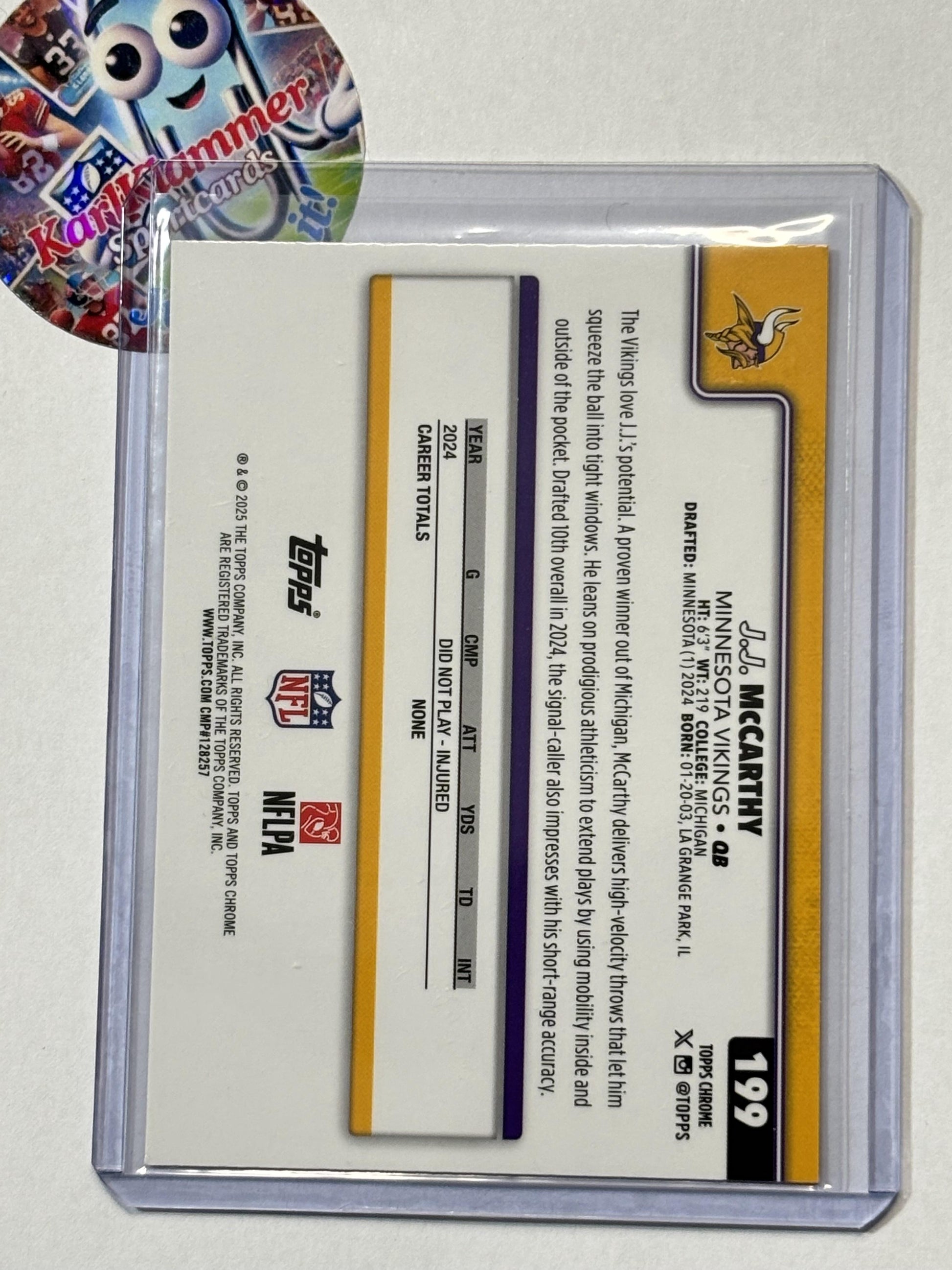 2025 Topps Chrome #199 J.J. McCarthy Hot Pink X-Fractor Minnesota Vikings