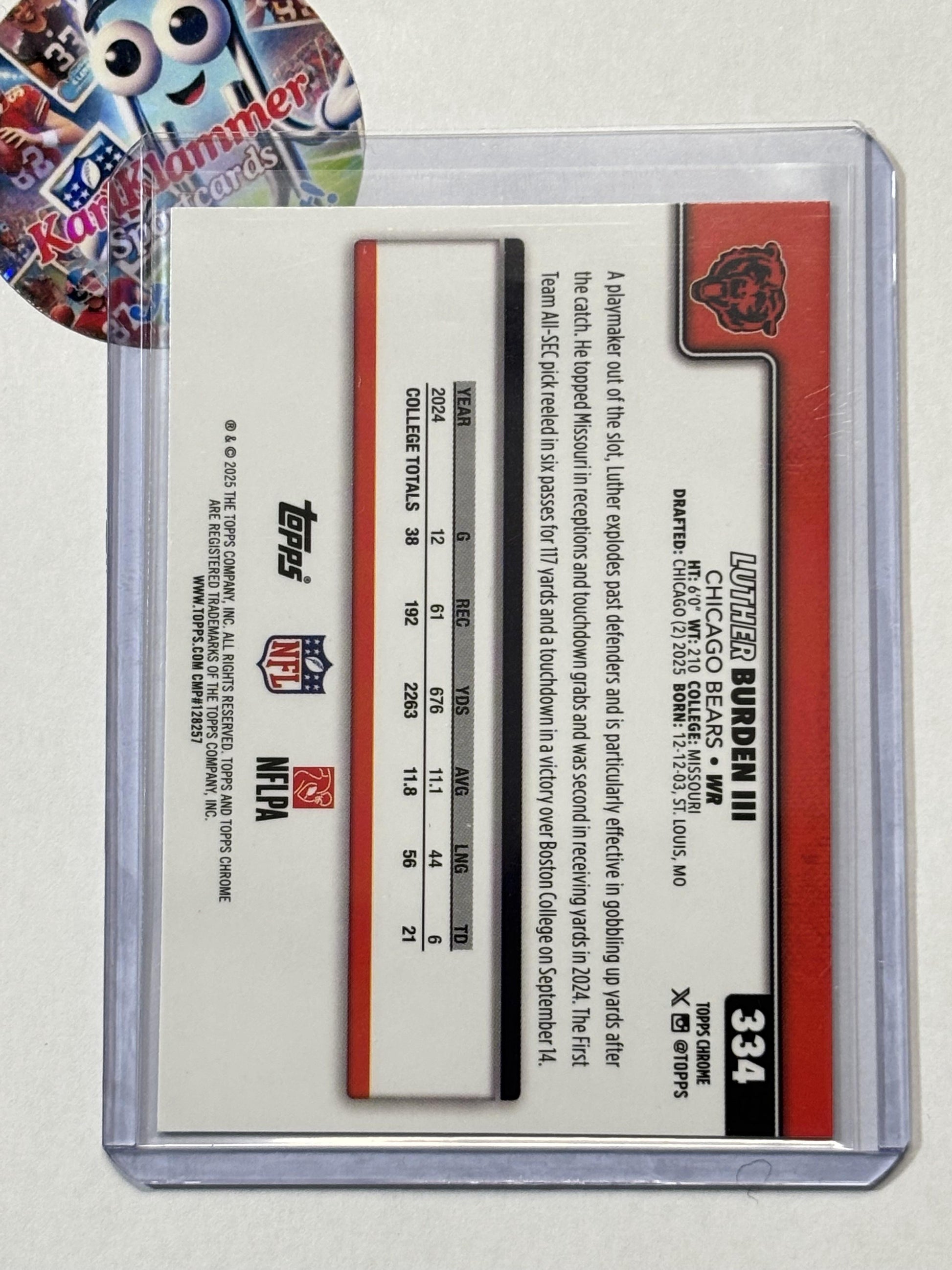 2025 Topps Chrome #334 Luther Burden III Pulsar Refractor Chicago Bears RC