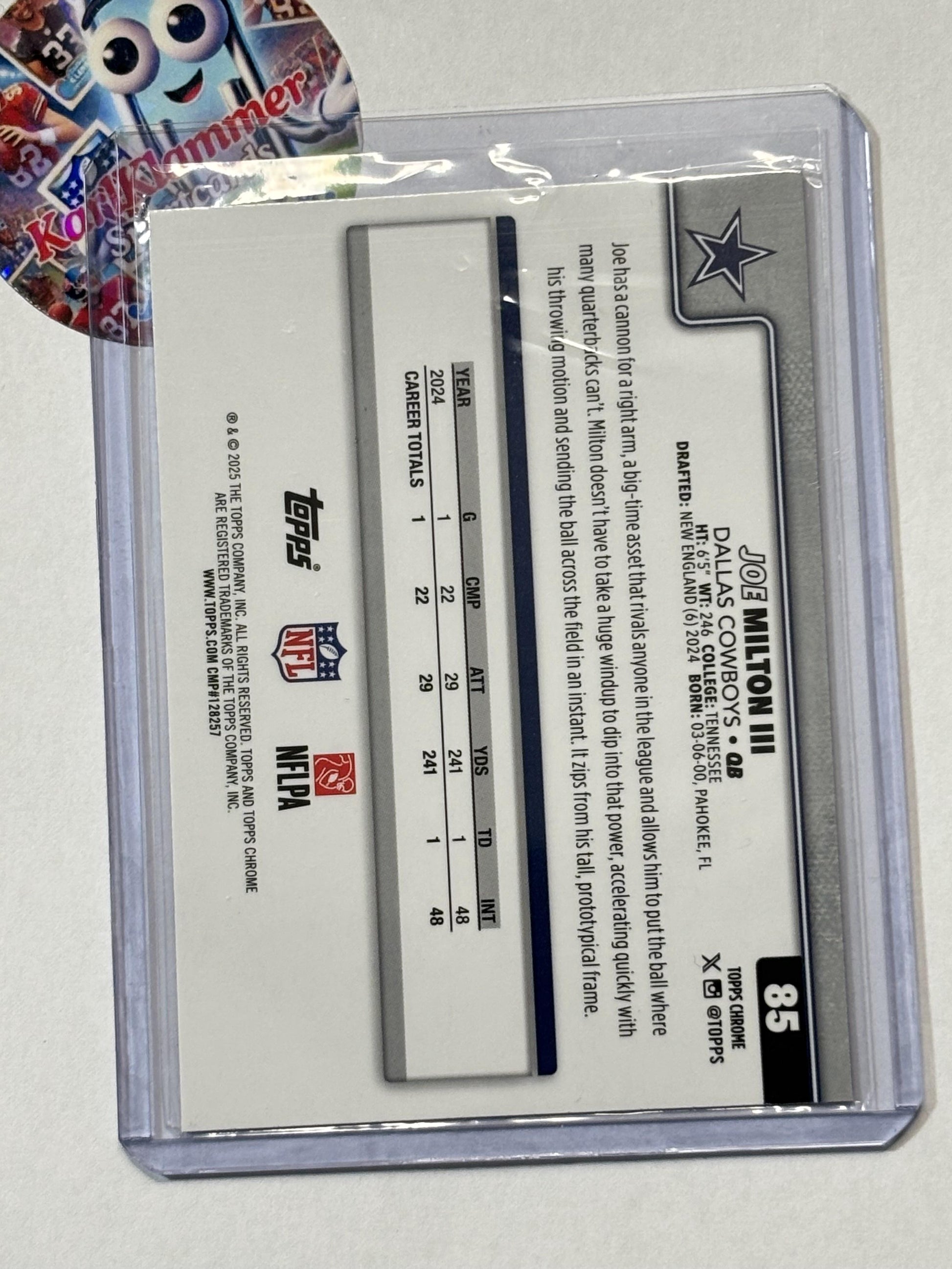 2025 Topps Chrome #85 Joe Milton III Football Leather Refractor Dallas Cowboys