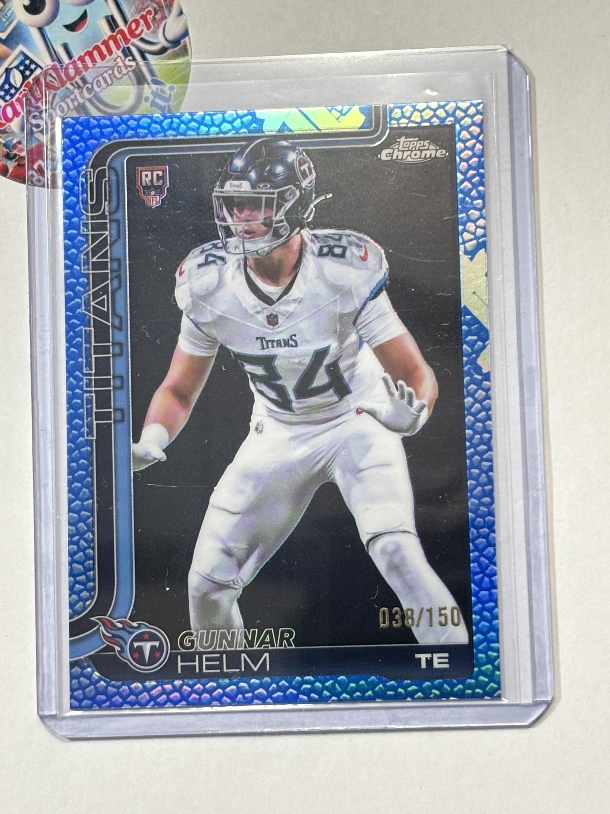2025 Topps Chrome #305 Gunnar Helm Football Leather Blue #/150 Tennessee Titans SN,RC