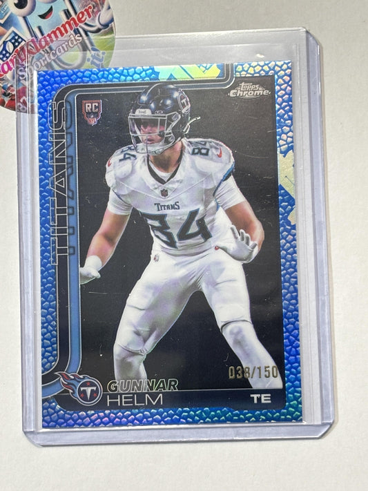 2025 Topps Chrome #305 Gunnar Helm Football Leather Blue #/150 Tennessee Titans SN,RC