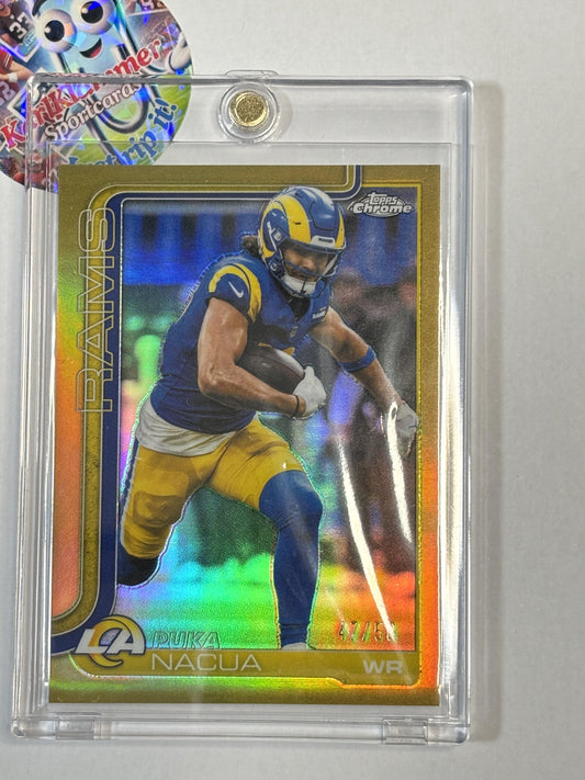 2025 Topps Chrome #166 Puka Nacua Gold Refractor #/50 Los Angeles Rams SN