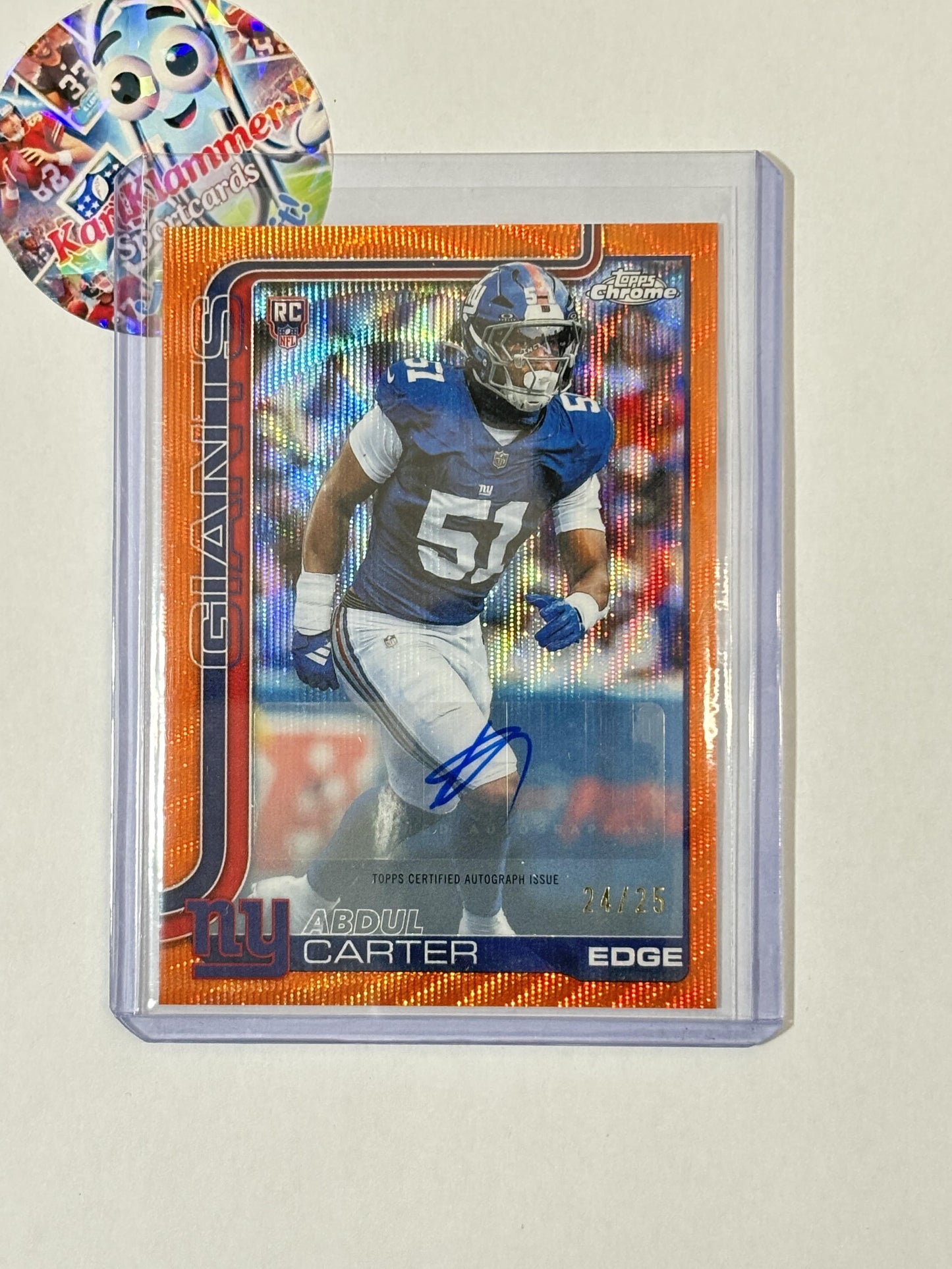 2025 Topps Chrome #RA-AC Abdul Carter Chrome Rookie Autographs Orange Wave Refractor #/25 New York Giants SN,AU