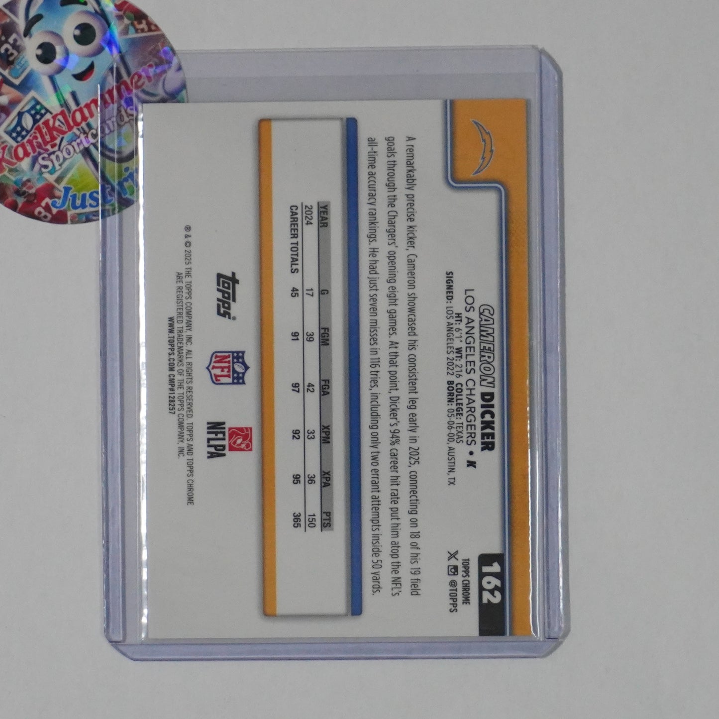2025 Topps Chrome #162 Cameron Dicker Green Refractor Lava Chargers SN