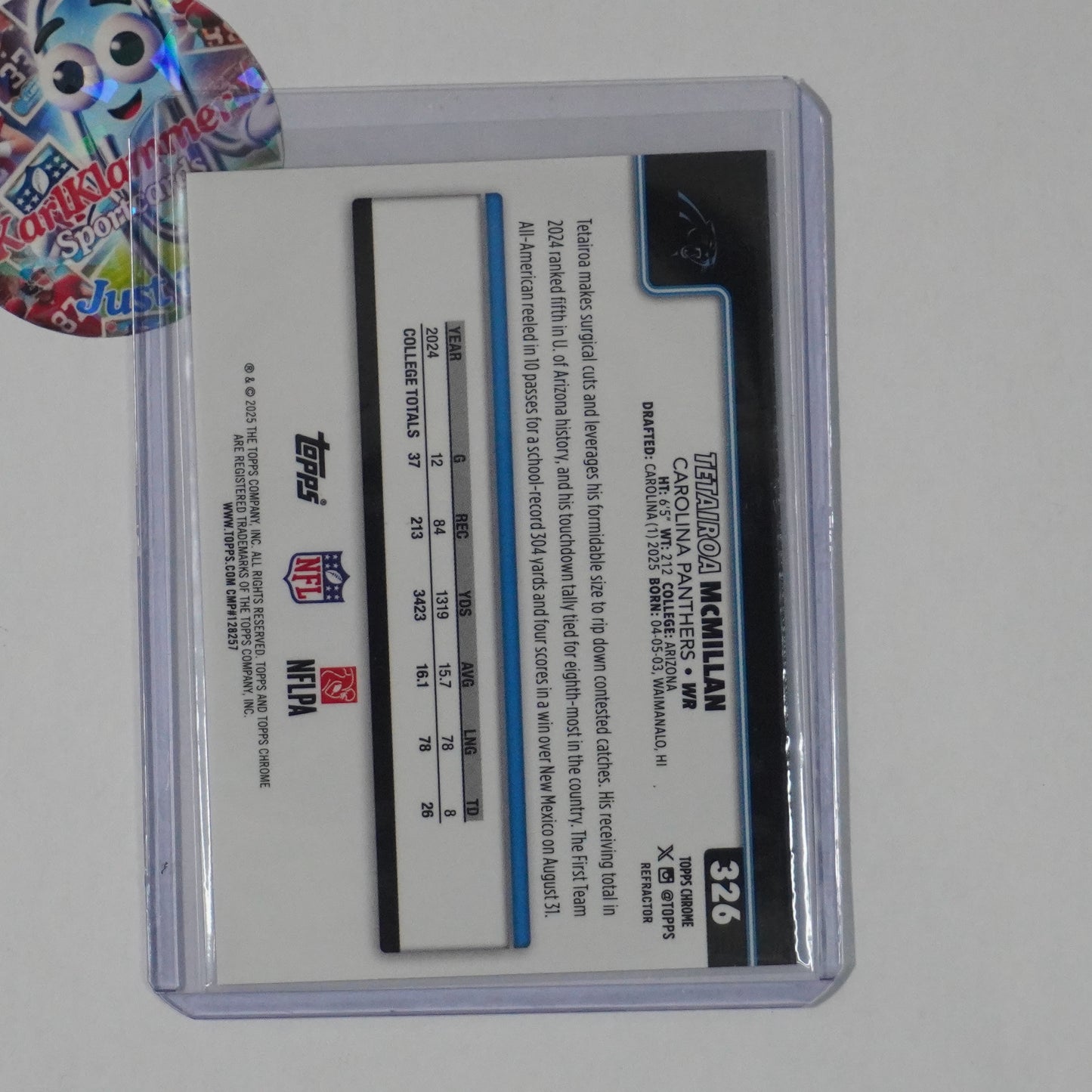 2025 Topps Chrome #326 Tetairoa McMillan Refractor Carolina Panthers RC