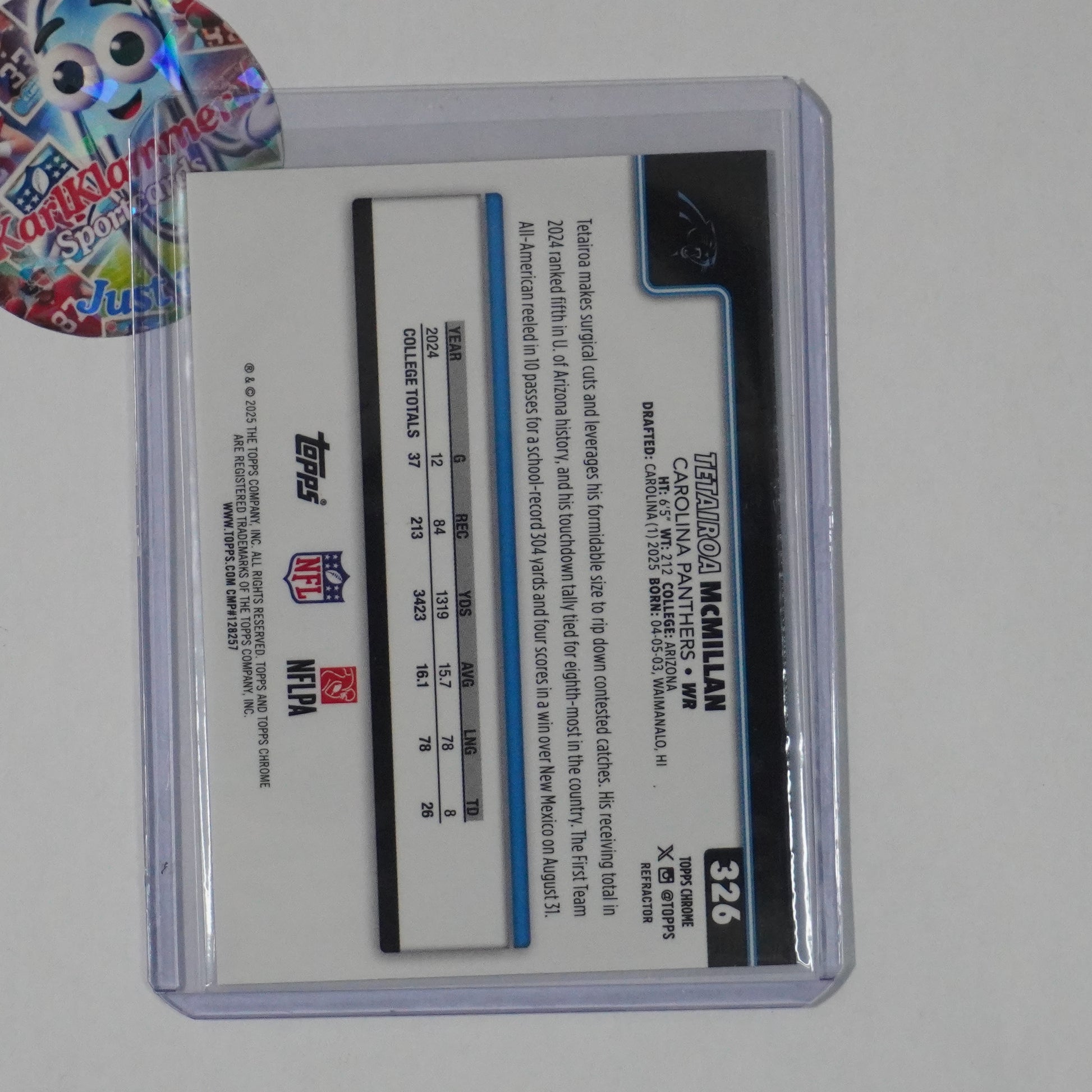 2025 Topps Chrome #326 Tetairoa McMillan Refractor Carolina Panthers RC