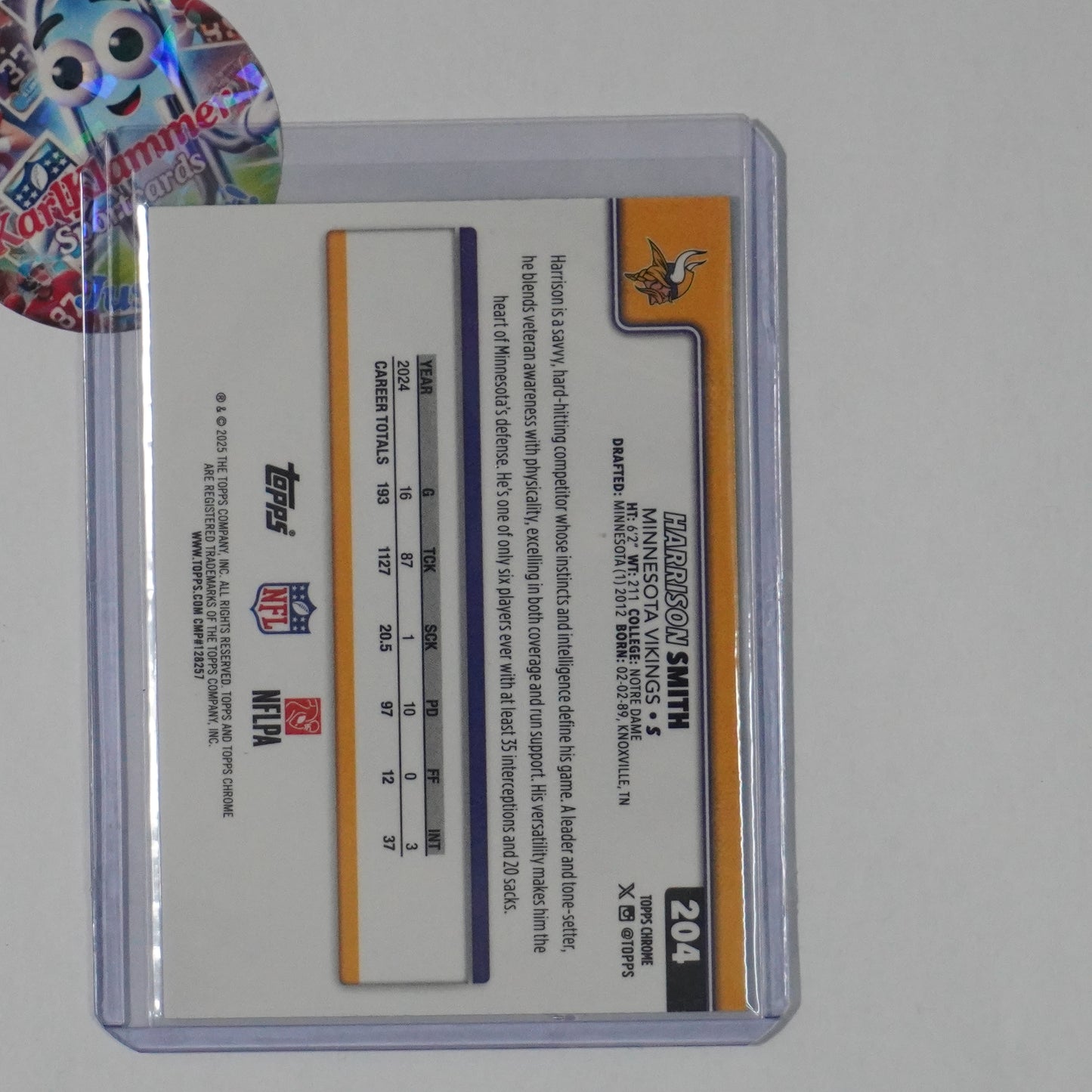 2025 Topps Chrome #204 Harrison Smith Green Refractor #/99 Minnesota Vikings SN