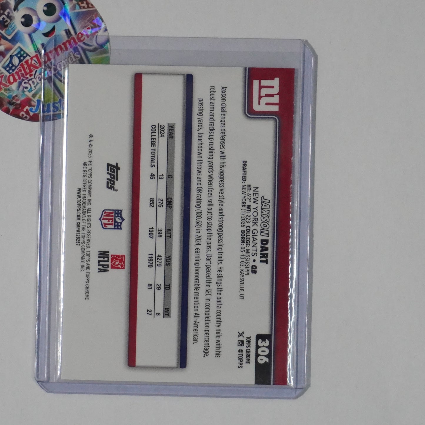 2025 Topps Chrome #306 Jaxson Dart X-Fractor New York Giants RC