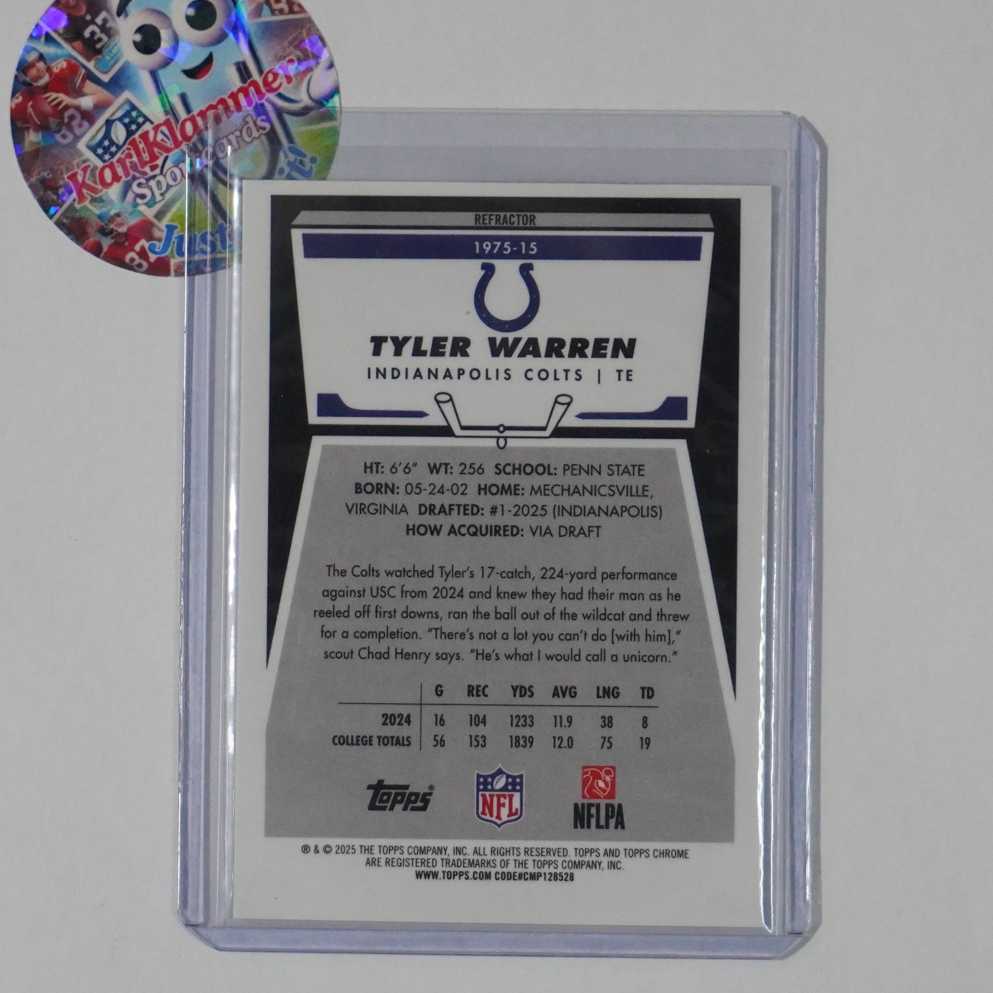 2025 Topps Chrome #1975-15 Tyler Warren 1975 Topps Refractor Indianapolis Colts