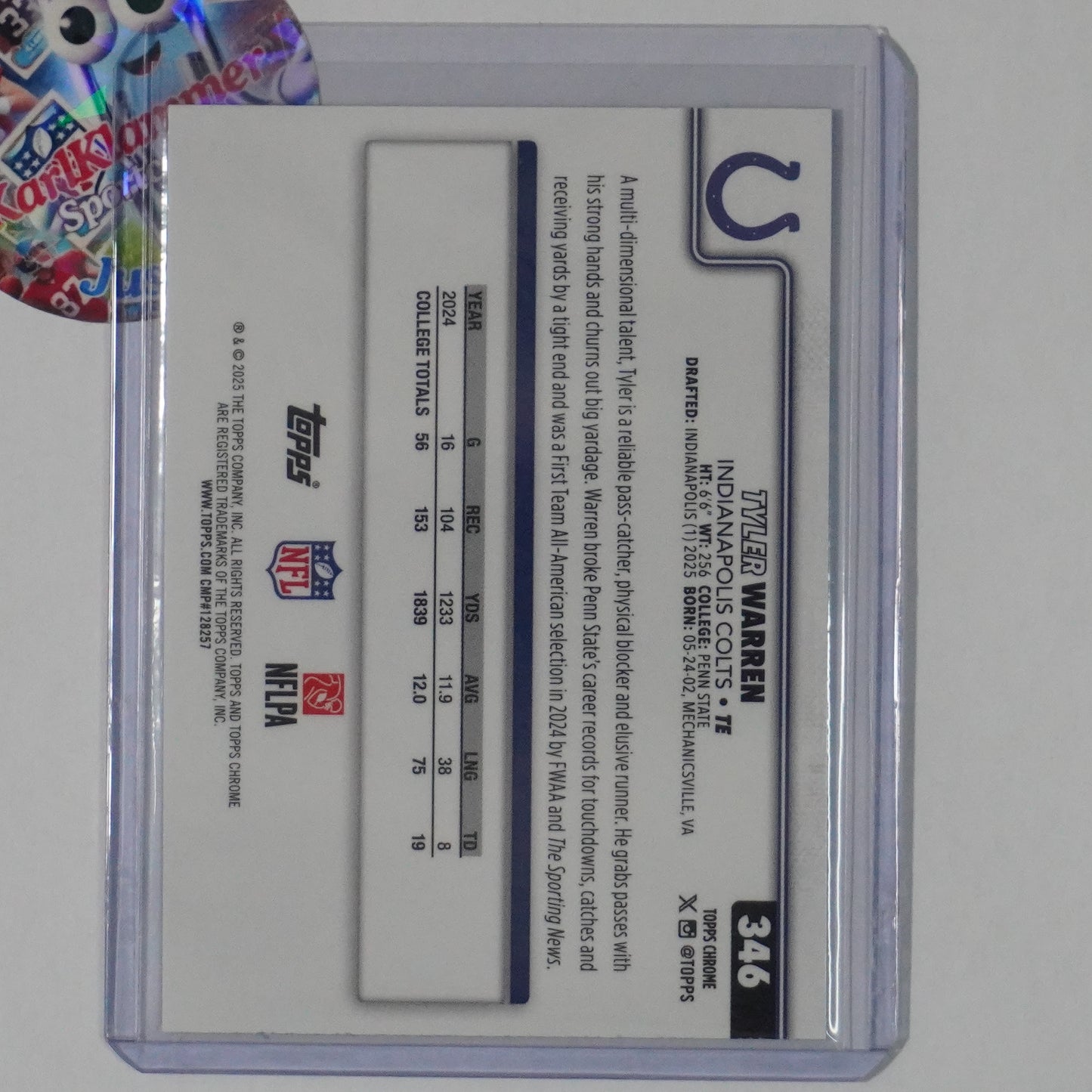 2025 Topps Chrome #346 Tyler Warren Blue Refractor #/150 Indianapolis Colts
