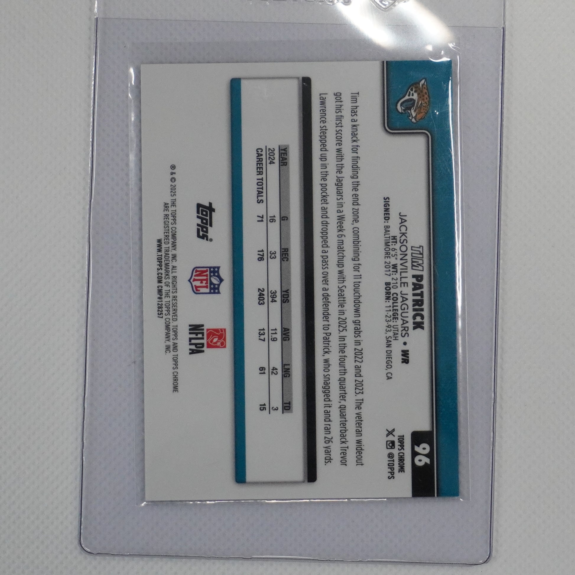 2025 Topps Chrome #96 Tim Patrick Gold Refractor #/50 Jacksonville Jaguars SN