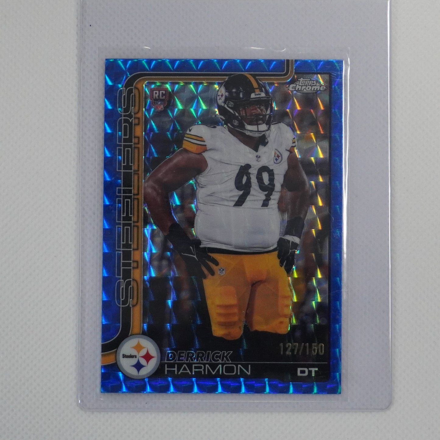 2025 Topps Chrome #361 Derrick Harmon Blue Geometric Refractor #/150 Pittsburgh