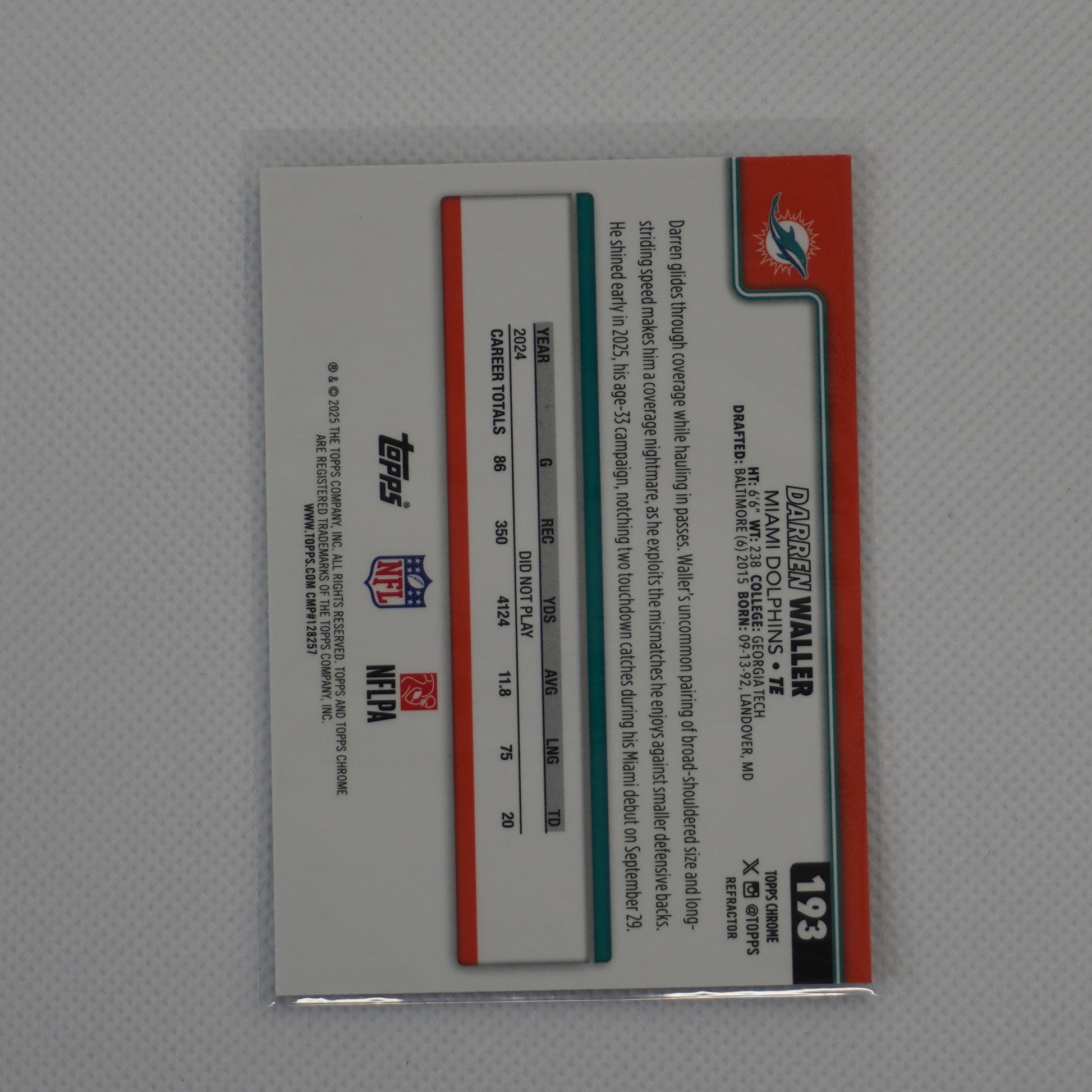 2025 Topps Chrome #193 Darren Waller Topps Refractor Miami Dolphins