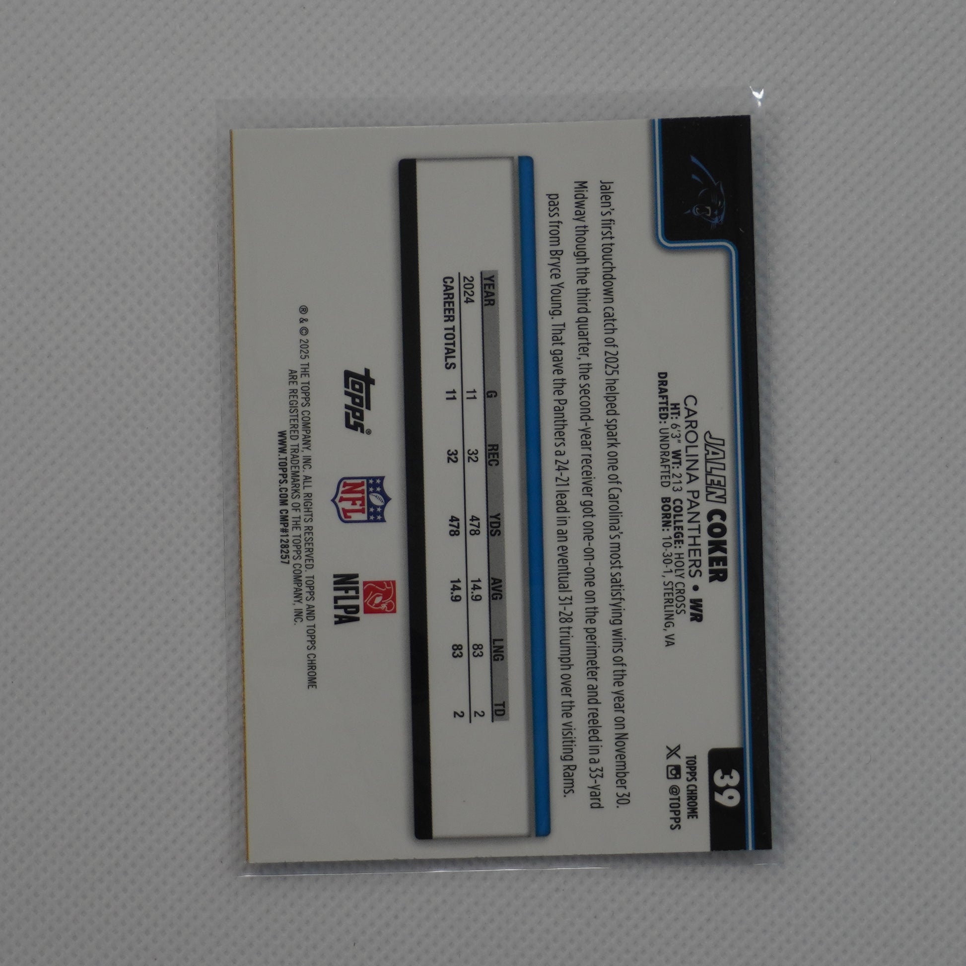 2025 Topps Chrome #39 Jalen Coker Pulsar Refractor Carolina Panthers