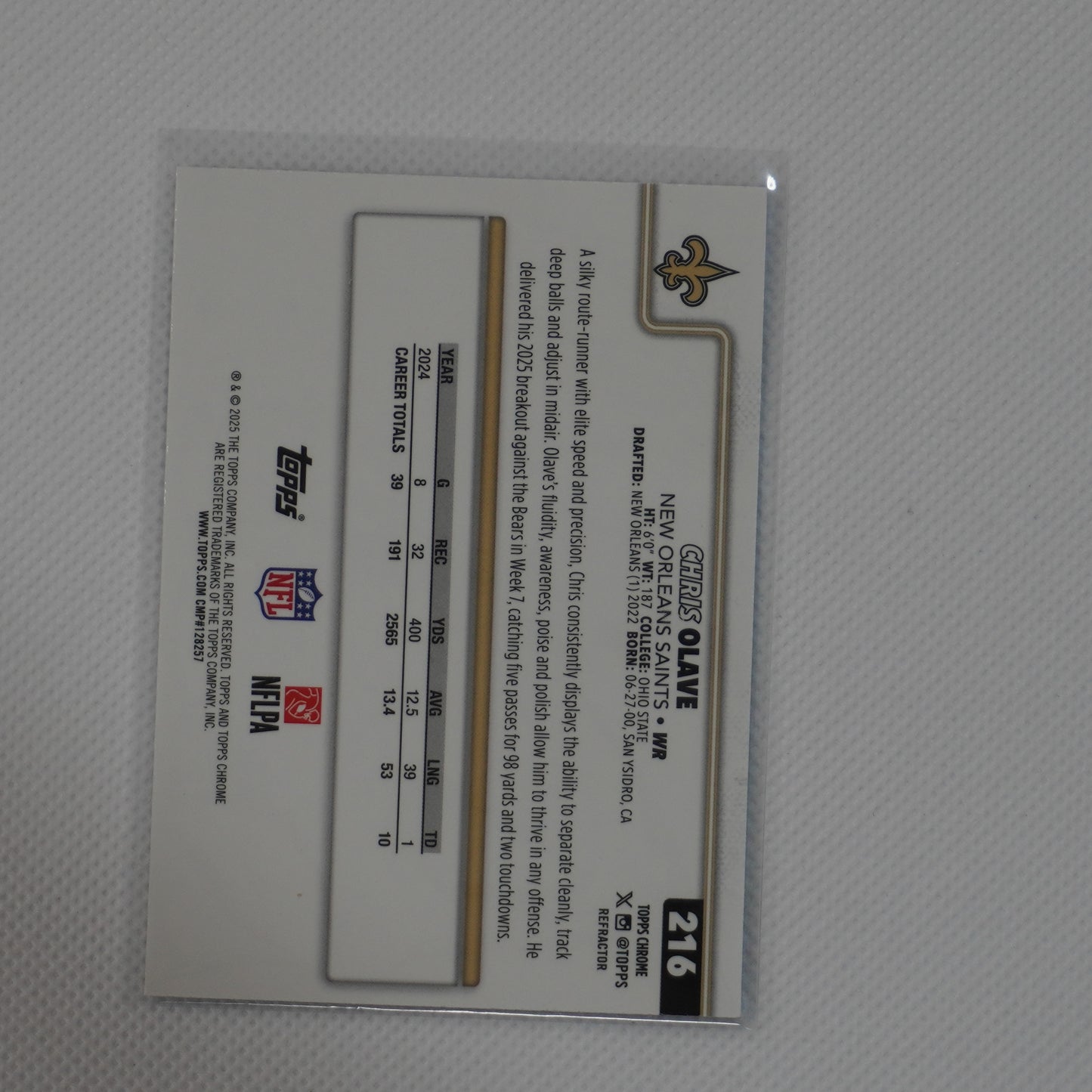 2025 Topps Chrome #216 Chris Olave Refractor New Orleans Saints