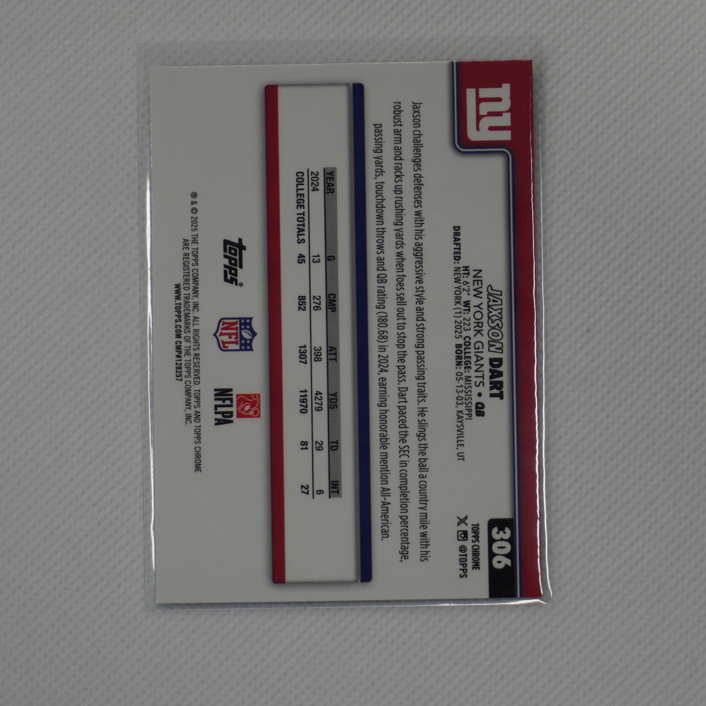 2025 Topps Chrome #306 Jaxson Dart New York Giants RC