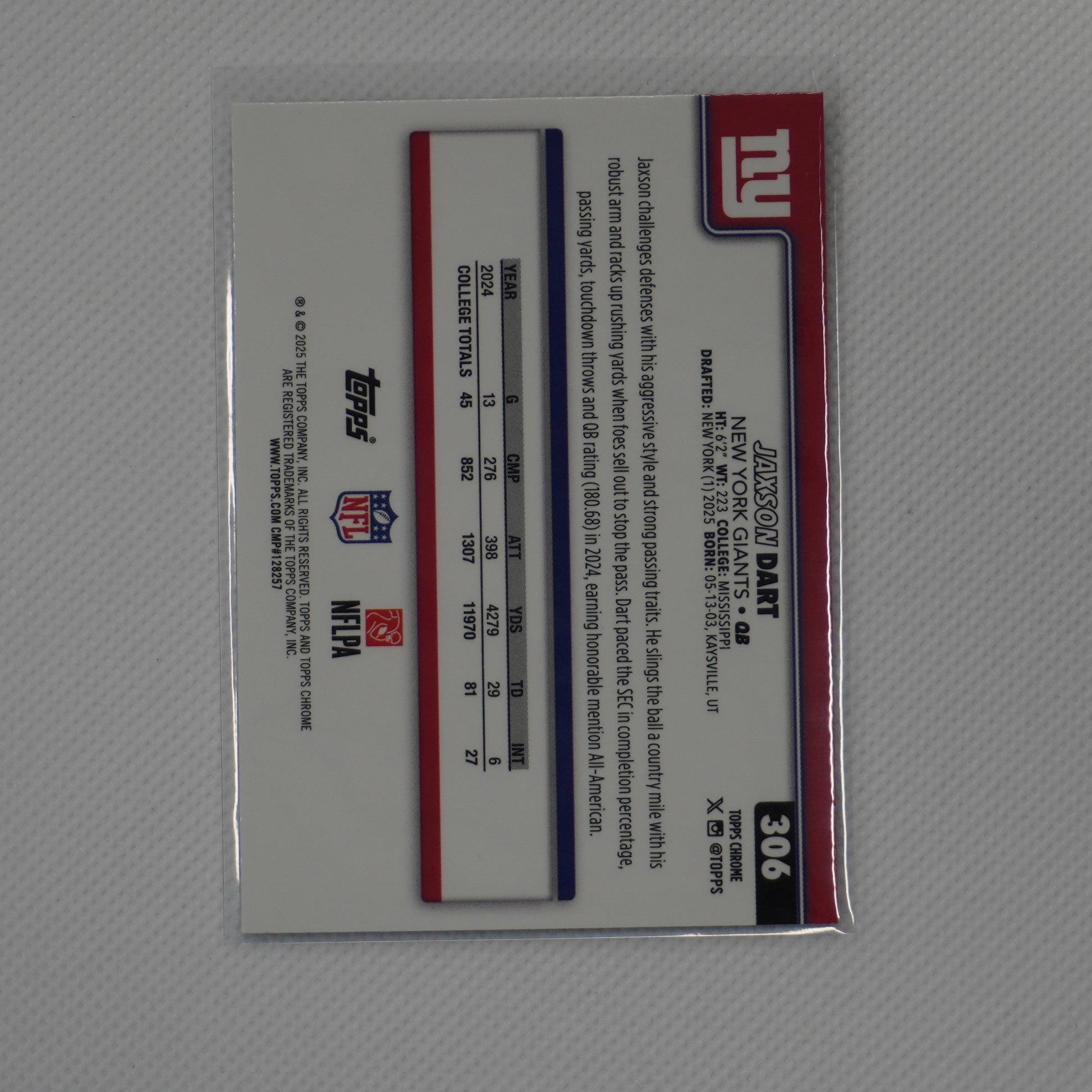 2025 Topps Chrome #306 Jaxson Dart New York Giants RC