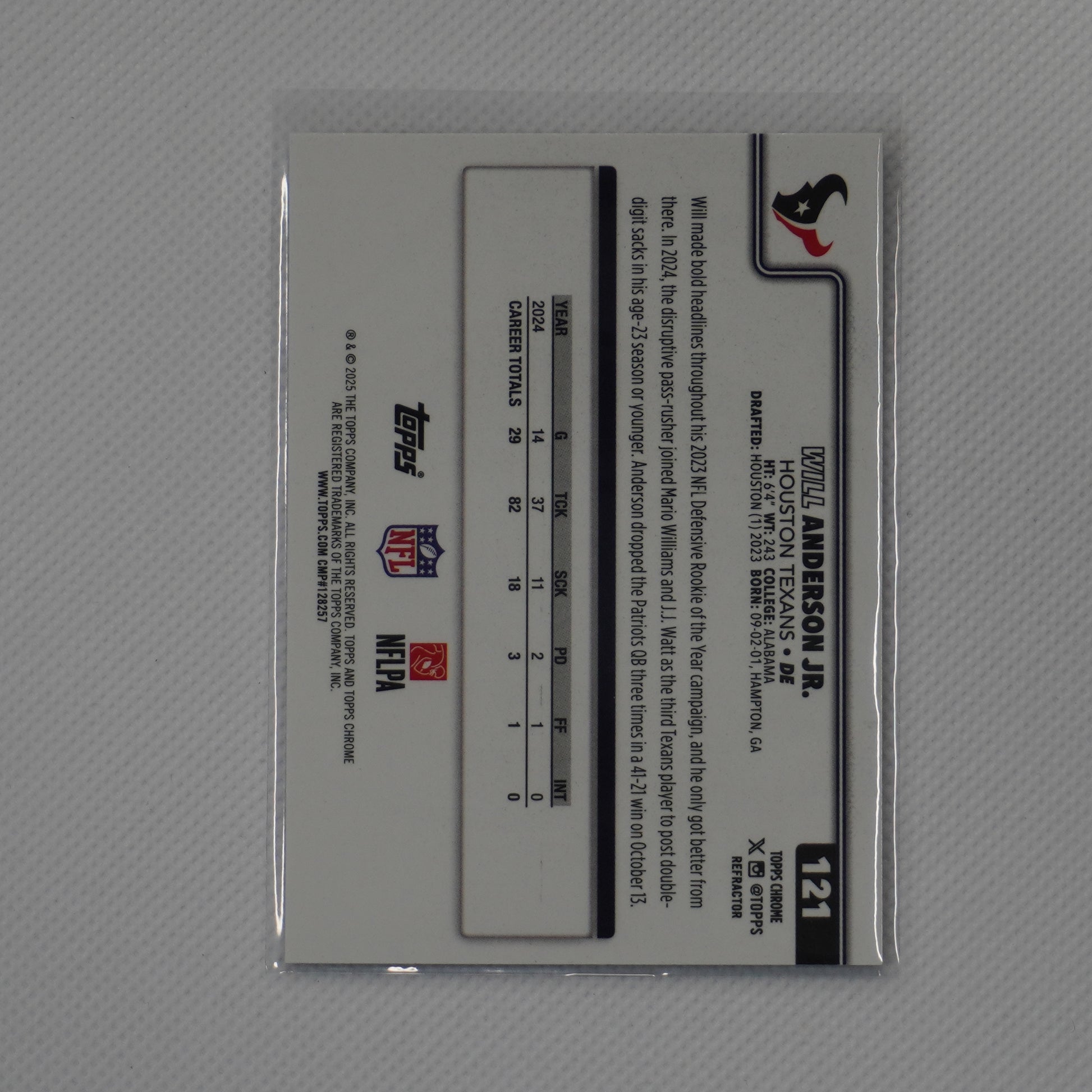 2025 Topps Chrome #121 Will Anderson Jr. Refractor Houston Texans