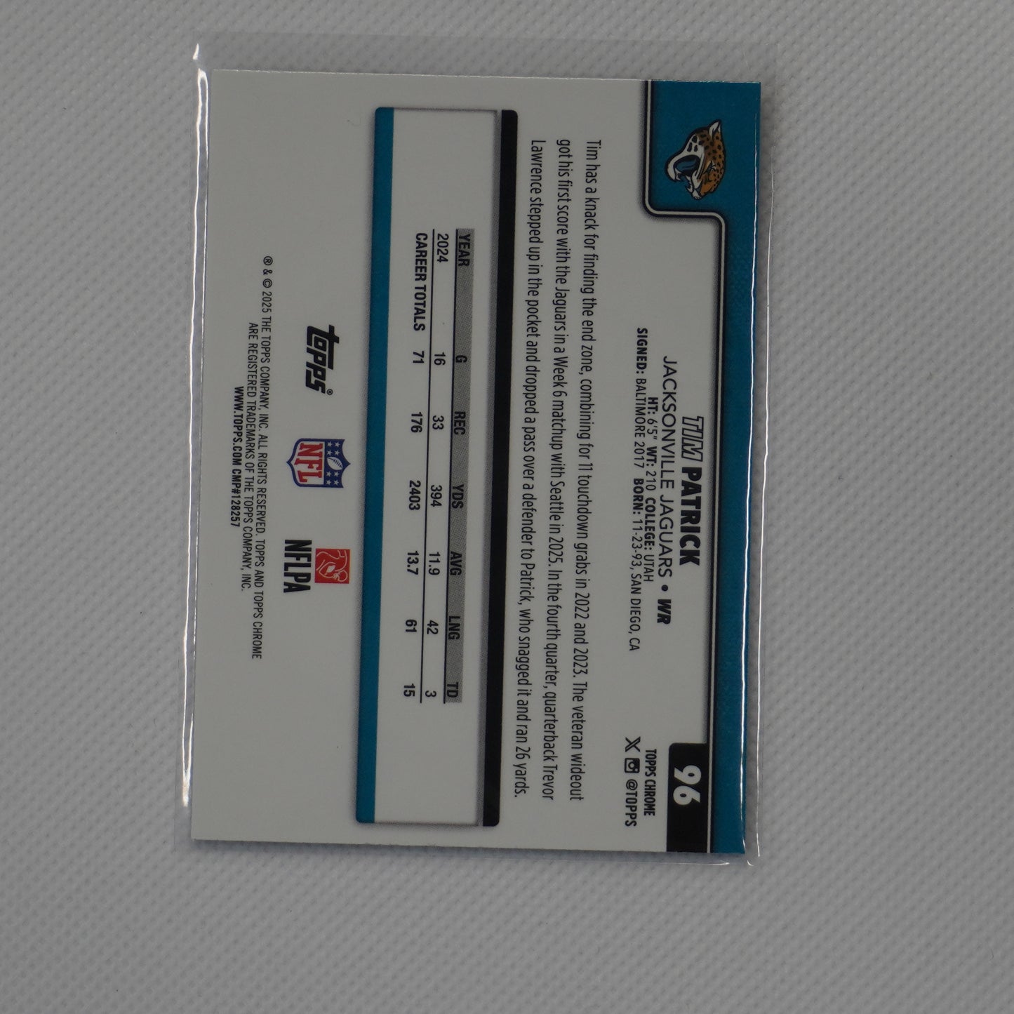 2025 Topps Chrome #96 Tim Patrick Ray Wave Refractor Jacksonville Jaguars