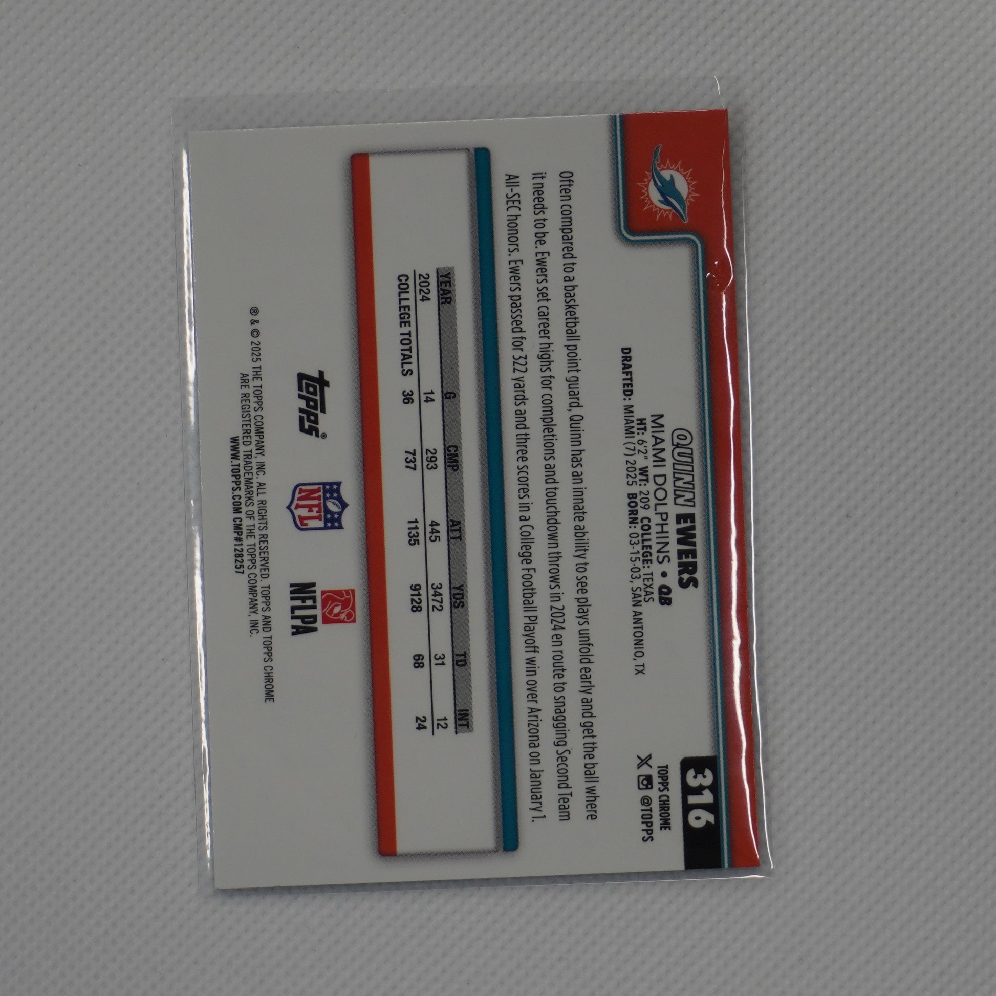 2025 Topps Chrome #316 Quinn Ewers Miami Dolphins RC