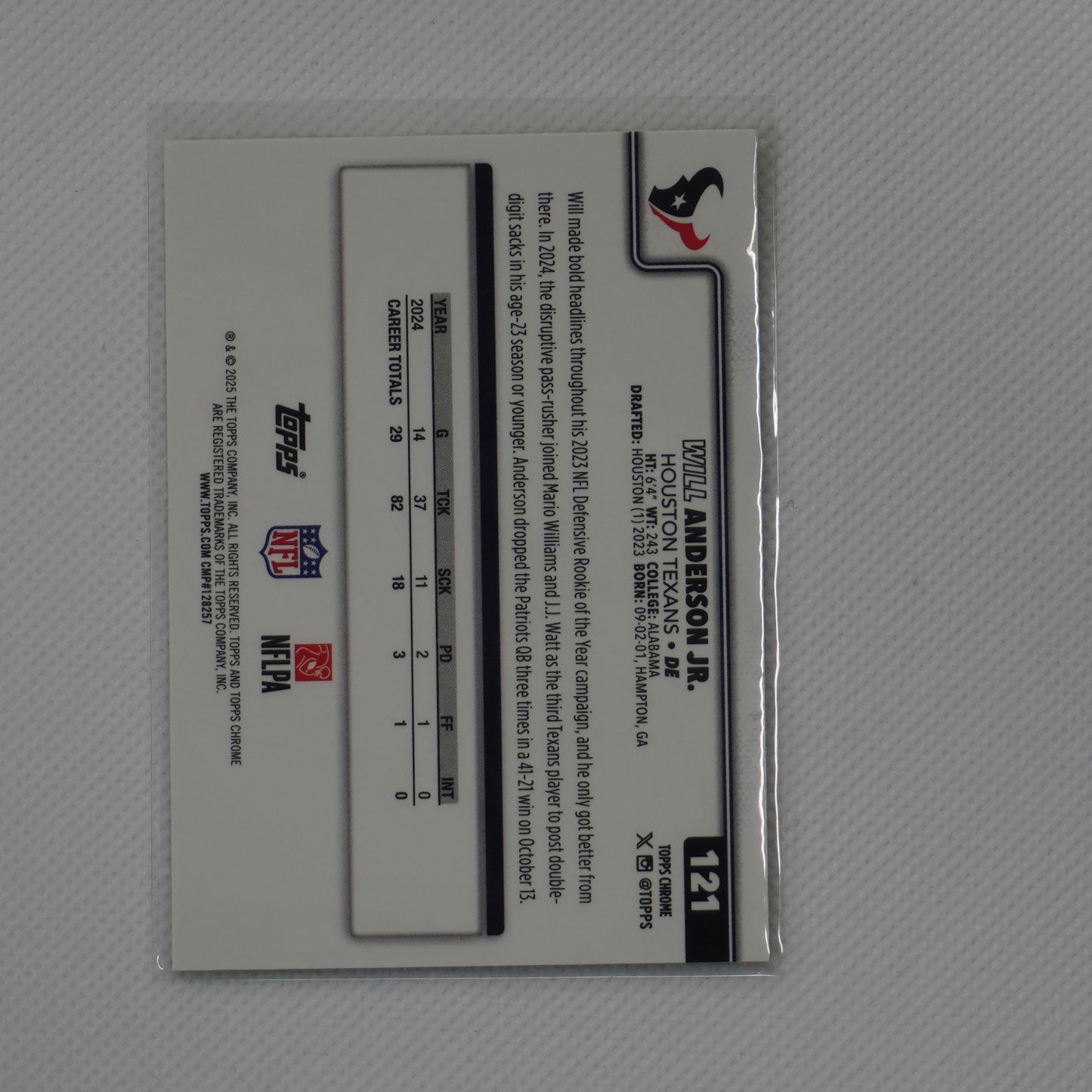 2025 Topps Chrome #121 Will Anderson Jr. Lime Green X-Fractor Houston Texans