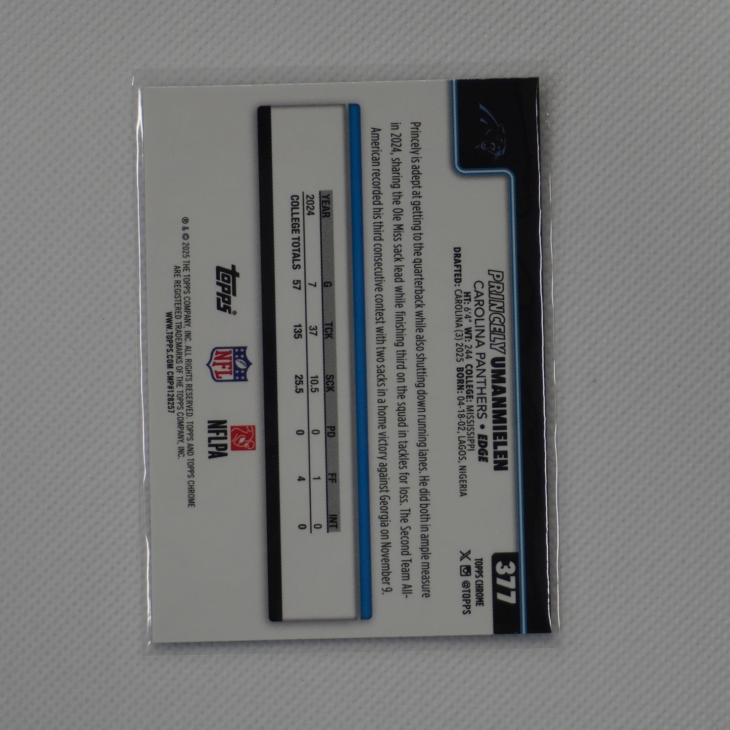 2025 Topps Chrome #377 Princely Umanmielen Carolina Panthers RC