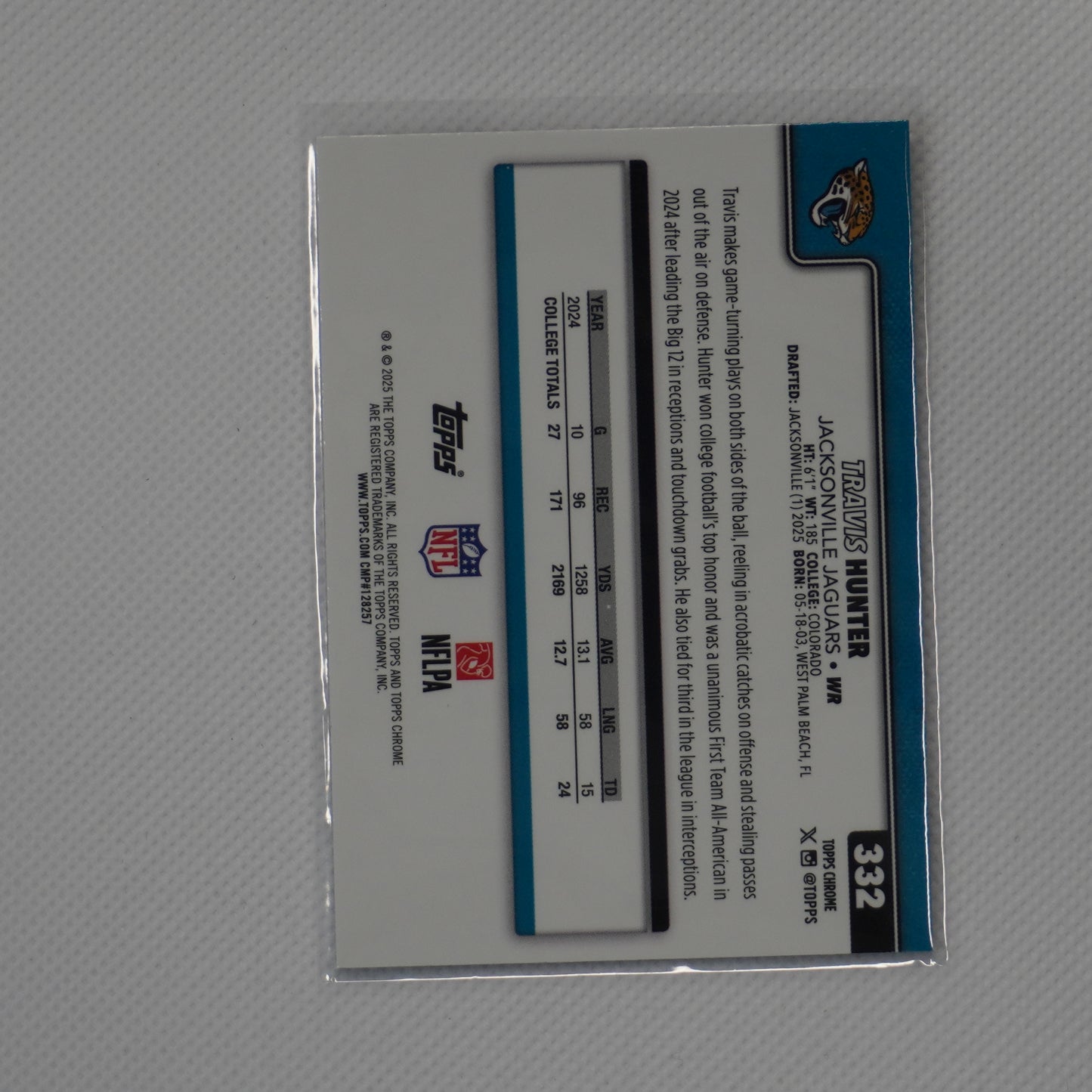 2025 Topps Chrome #332 Travis Hunter Jacksonville Jaguars RC