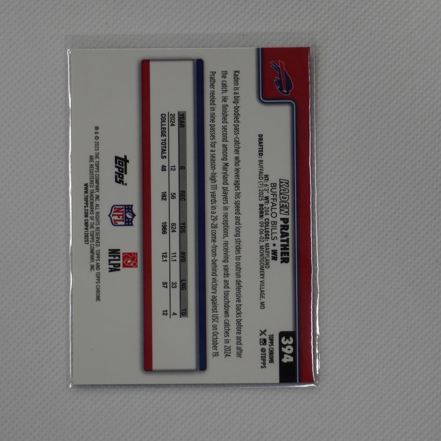 2025 Topps Chrome #394 Kaden Prather X-Fractor Buffalo Bills RC