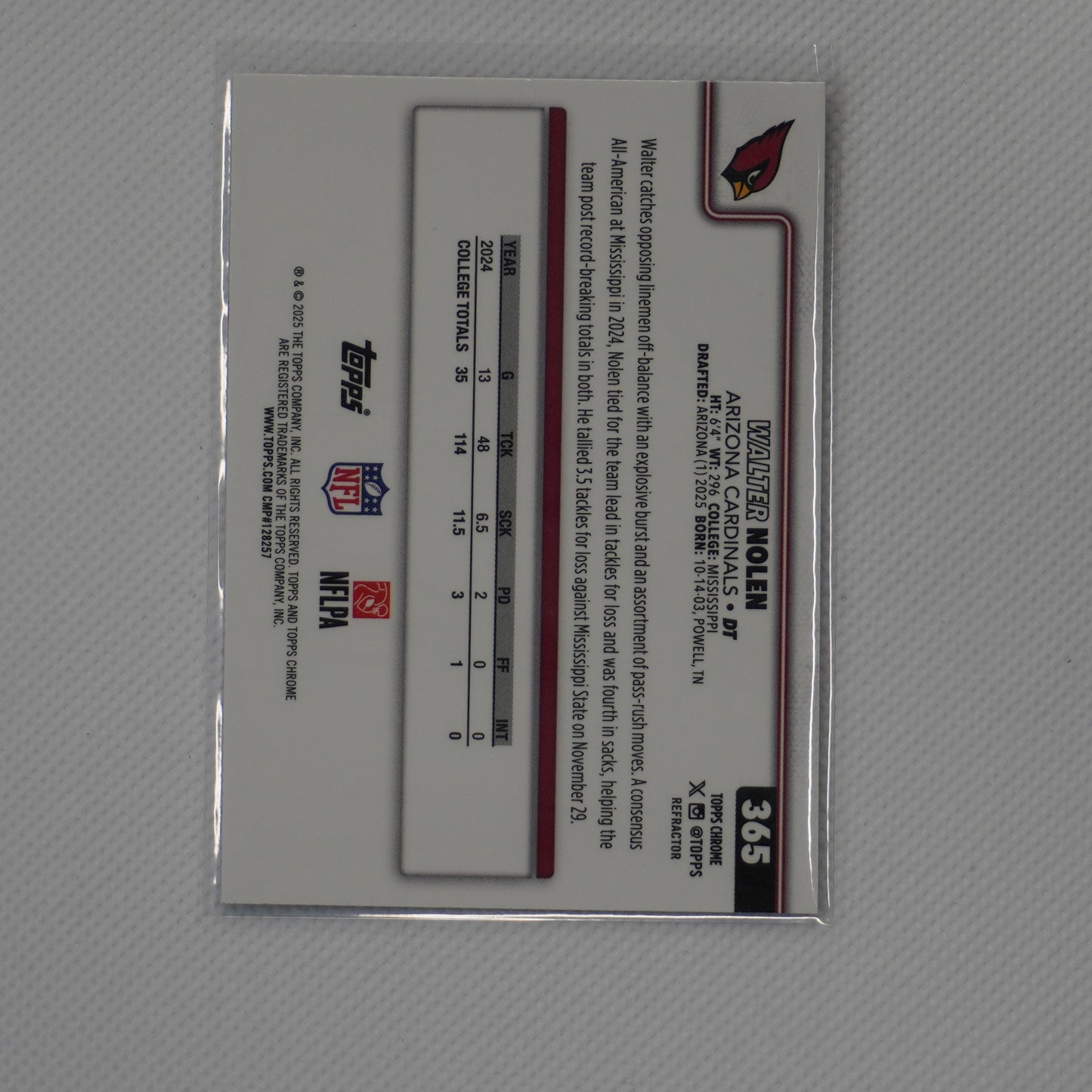 2025 Topps Chrome #365 Walter Nolen Refractor Arizona Cardinals RC