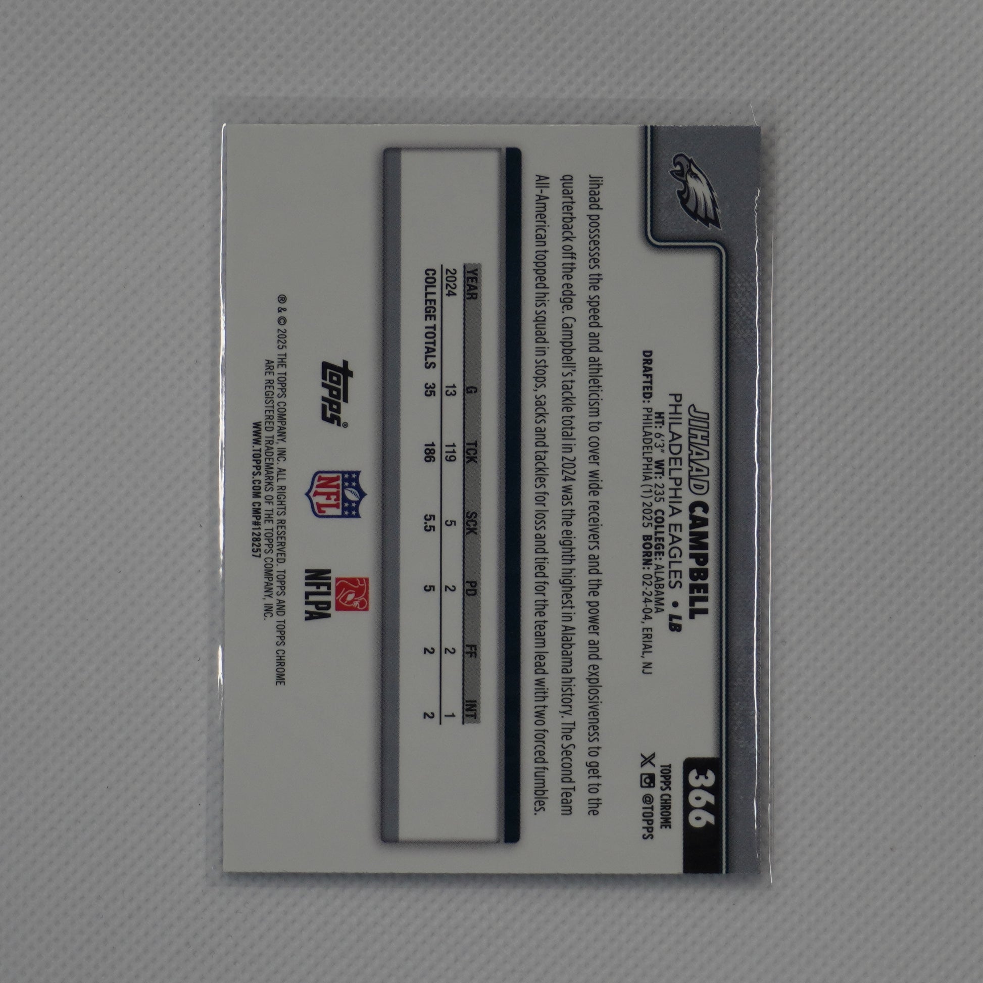 2025 Topps Chrome #366 Jihaad Campbell Pulsar Refractor Philadelphia Eagles RC