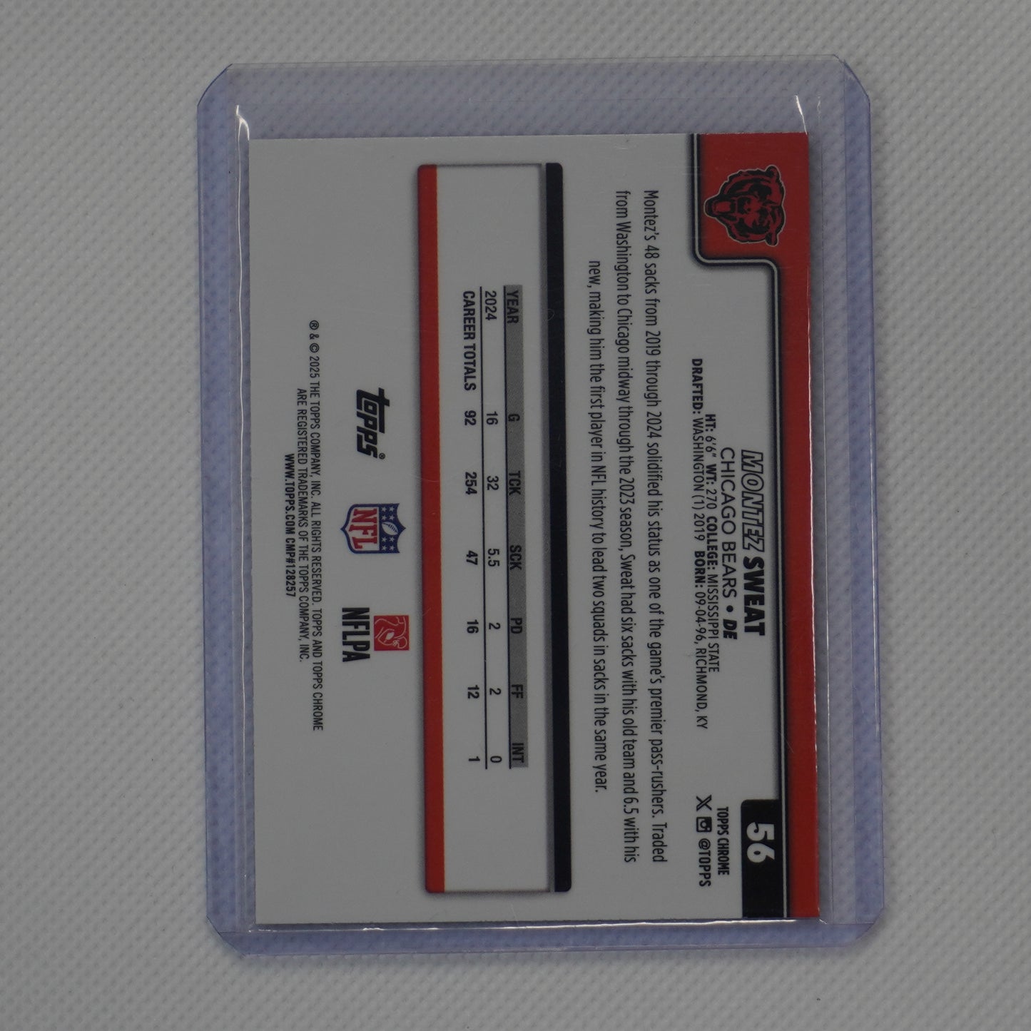2025 Topps Chrome #56 Montez Sweat Purple Wave Refractor #/75 Chicago Bears SN