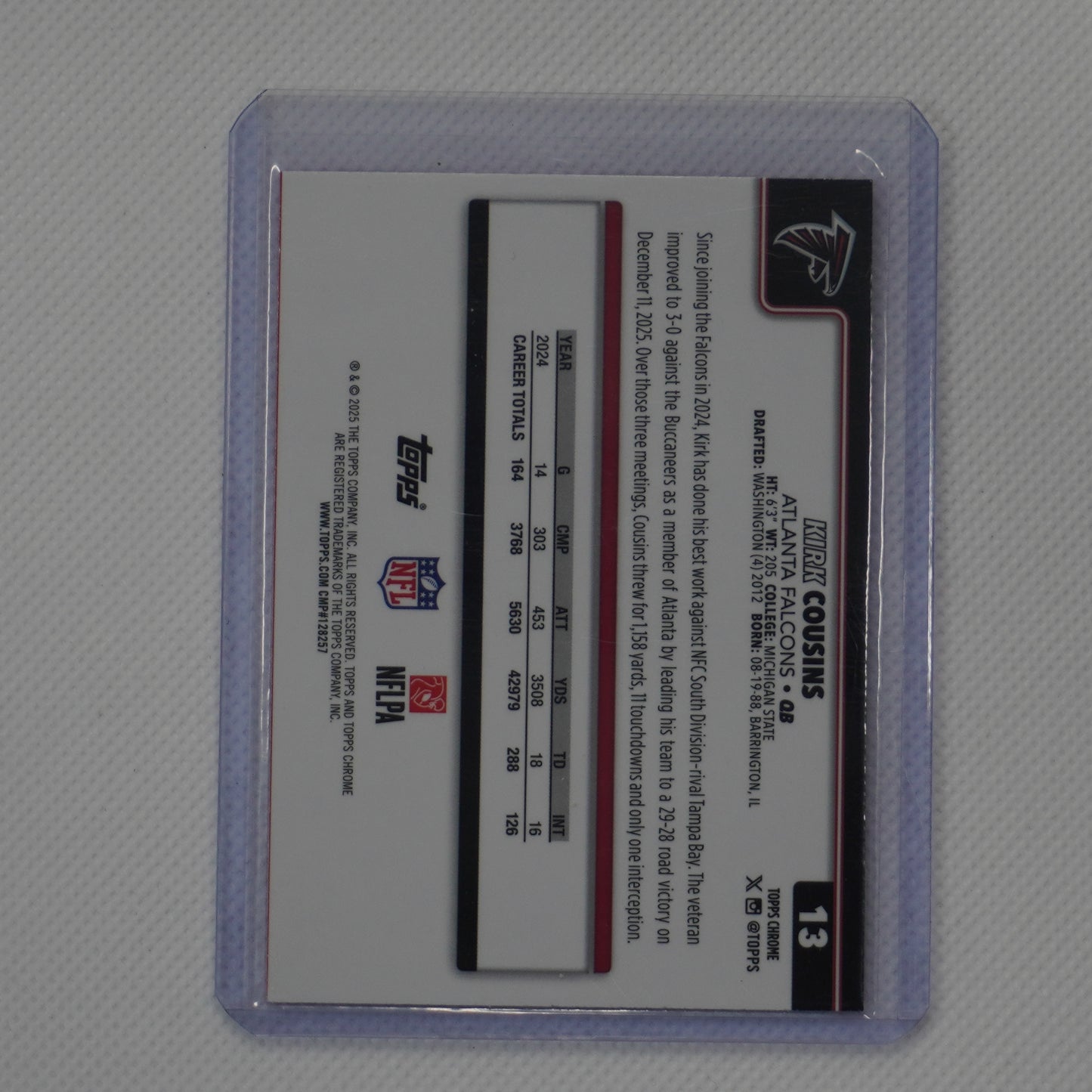 2025 Topps Chrome #13 Kirk Cousins Pink Wave Refractor #/250 Atlanta Falcons SN