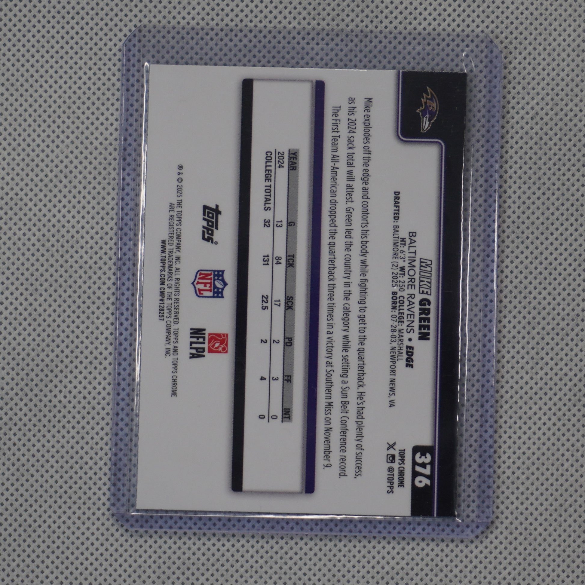 2025 Topps Chrome #376 Mike Green Green Wave Refractor #/99 Baltimore Ravens