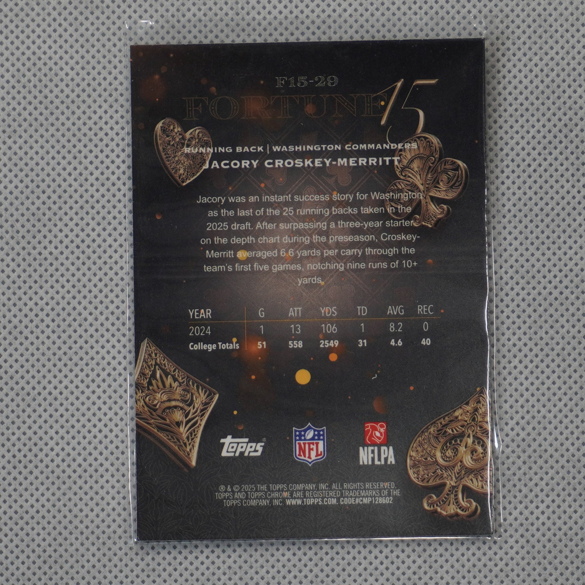 2025 Topps Chrome #F15-29 Jacory Croskey-Merritt Fortune 15