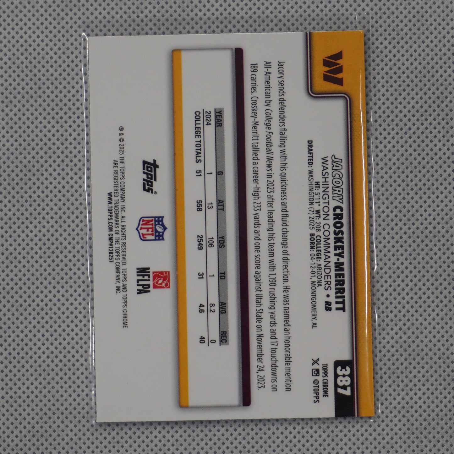 2025 Topps Chrome #387 Jacory Croskey-Merritt Washington Commanders RC