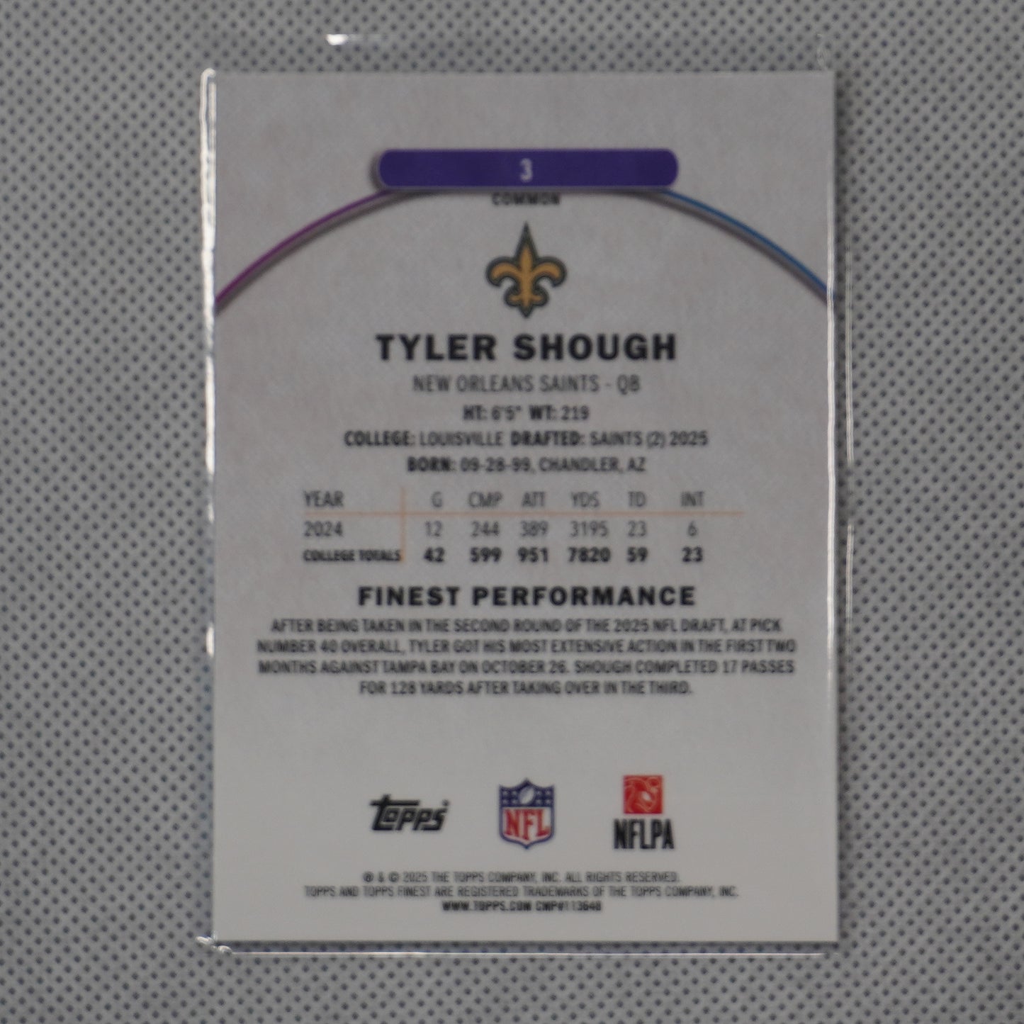 2025 Finest #3 Tyler Shough New Orleans Saints RC