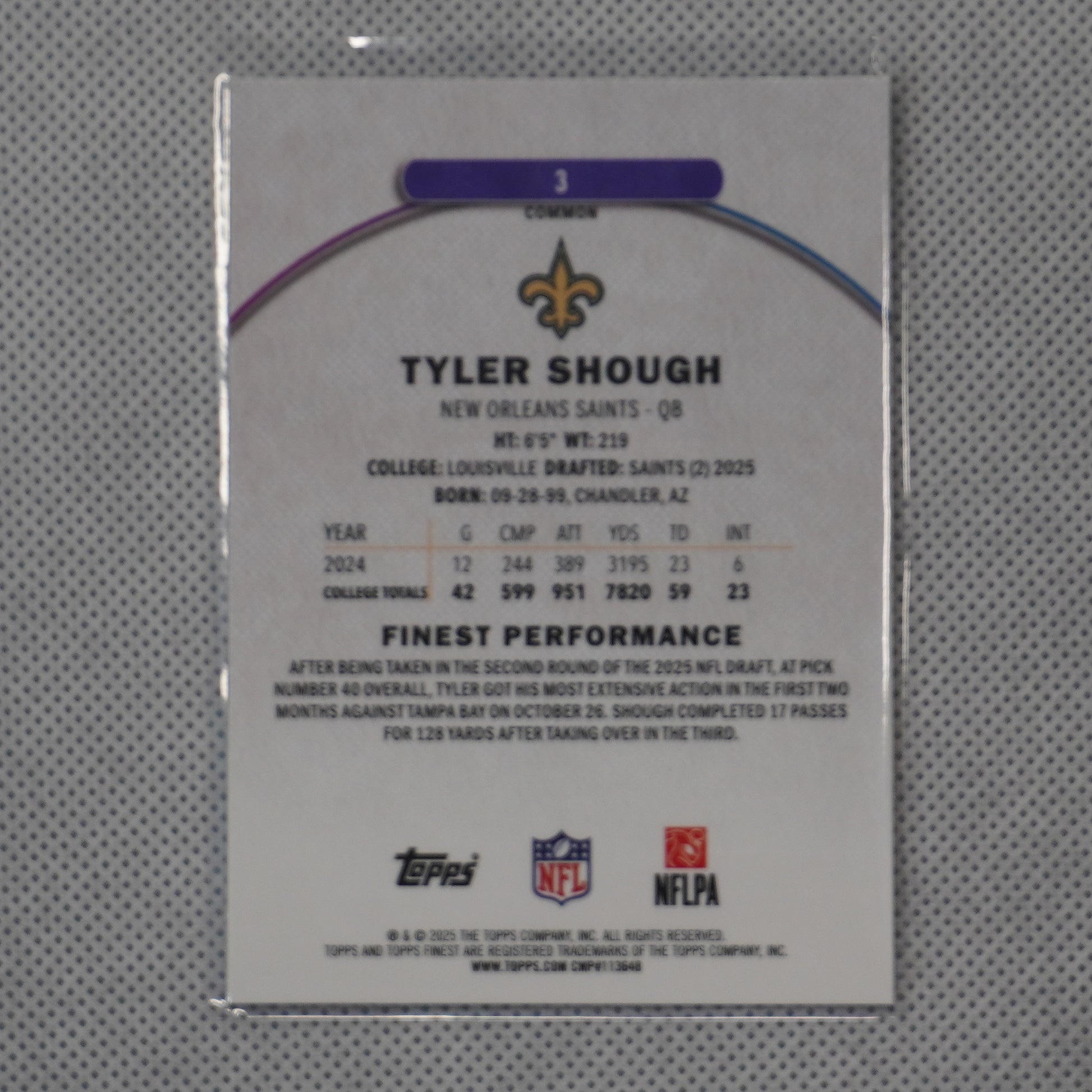 2025 Finest #3 Tyler Shough New Orleans Saints RC