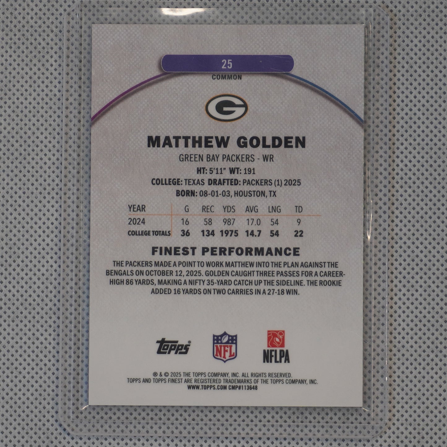 2025 Finest #25 Matthew Golden Black Geometric Refractor #/20 Green Bay Packers SN.RC