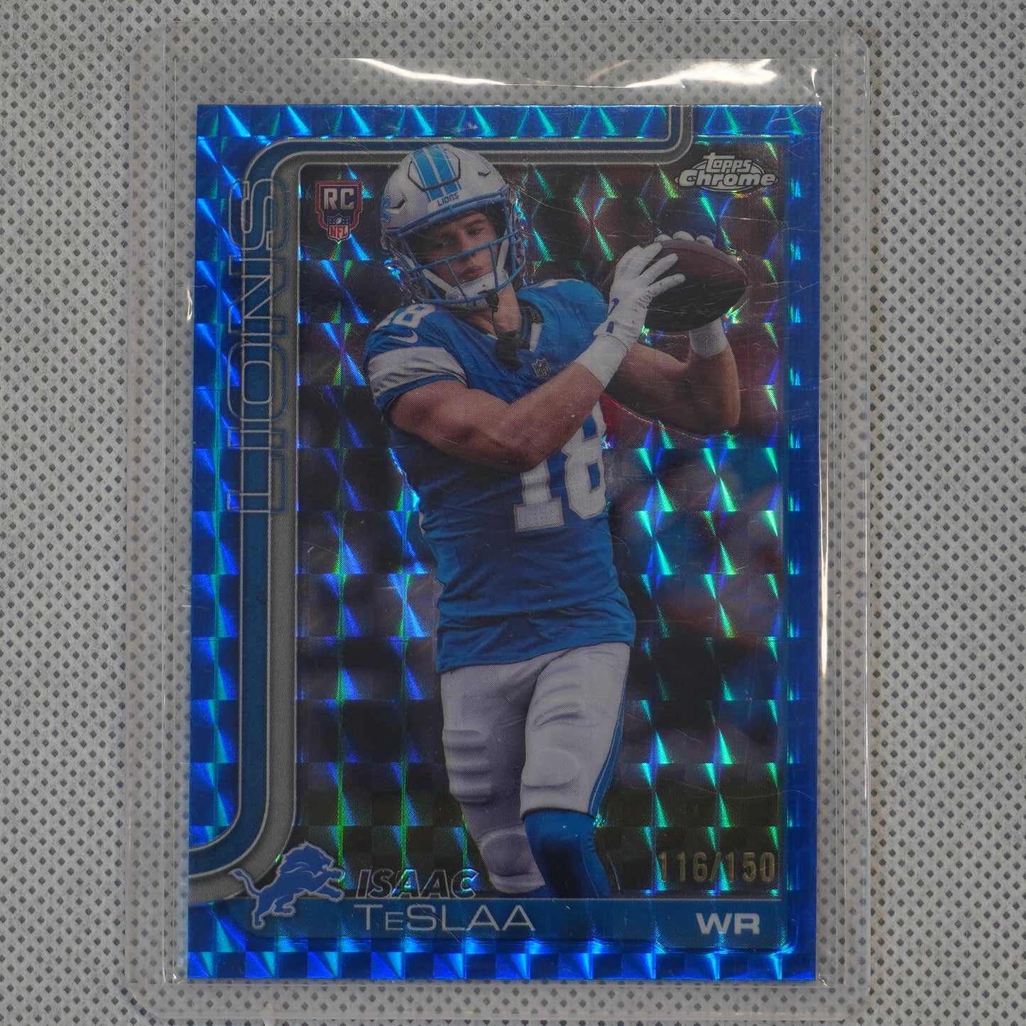 2025 Topps Chrome #320 Isaac TeSlaa Blue Geometric Refractor #/150 Detroit Lions SN.RC