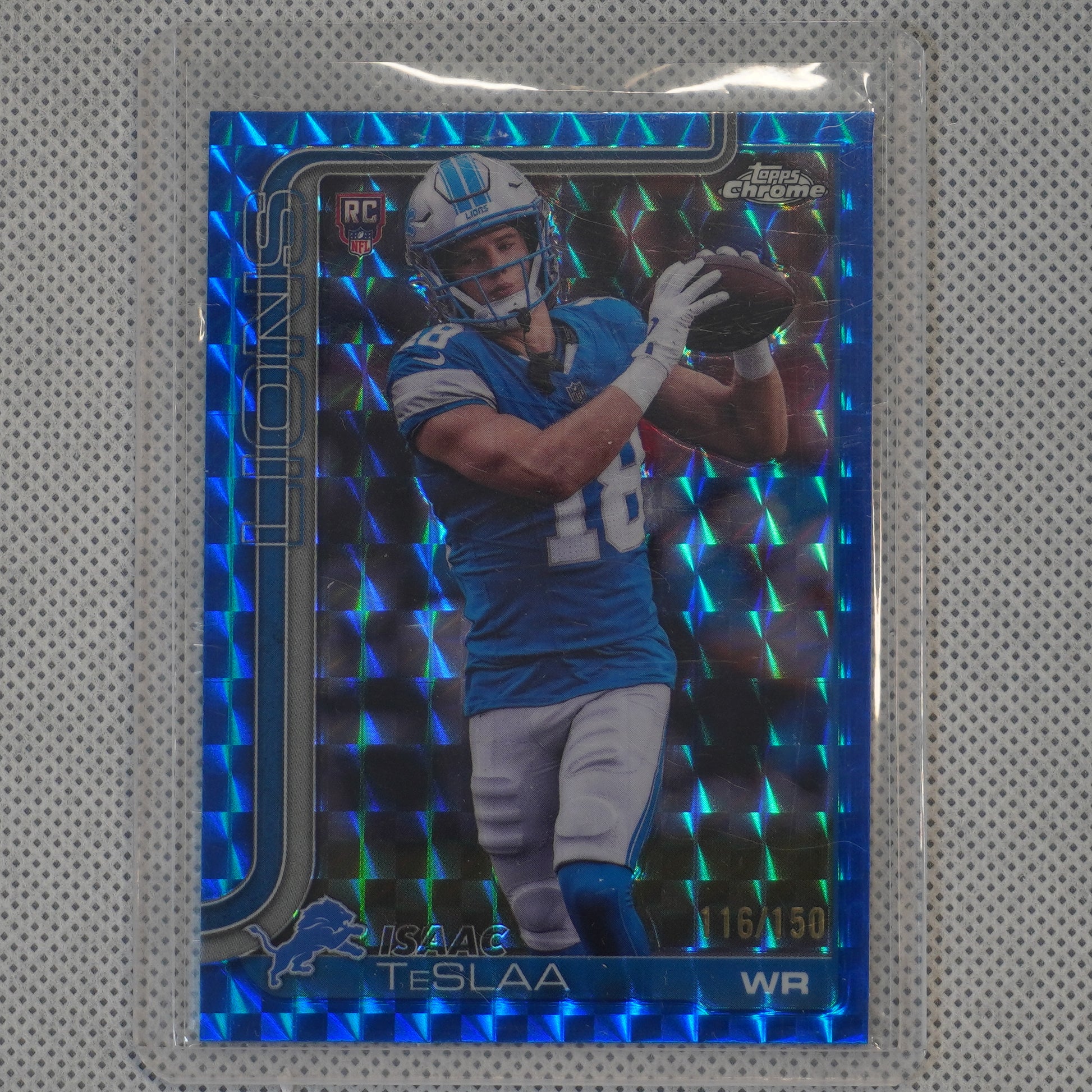 2025 Topps Chrome #320 Isaac TeSlaa Blue Geometric Refractor #/150 Detroit Lions SN.RC