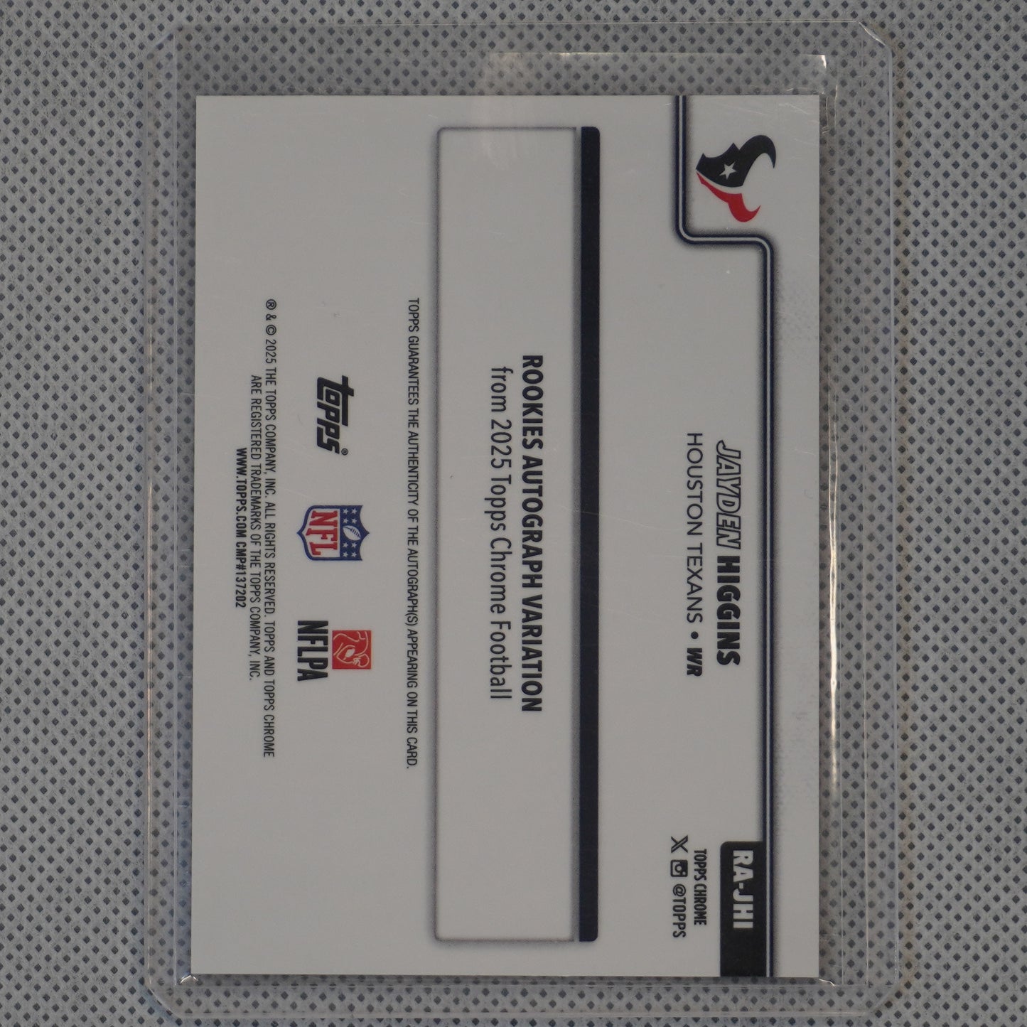 2025 Topps Chrome #RA-JHI Jayden Higgins Chrome Rookie Autographs Orange Lava Refractor #/25 Houston Texans SN.AU