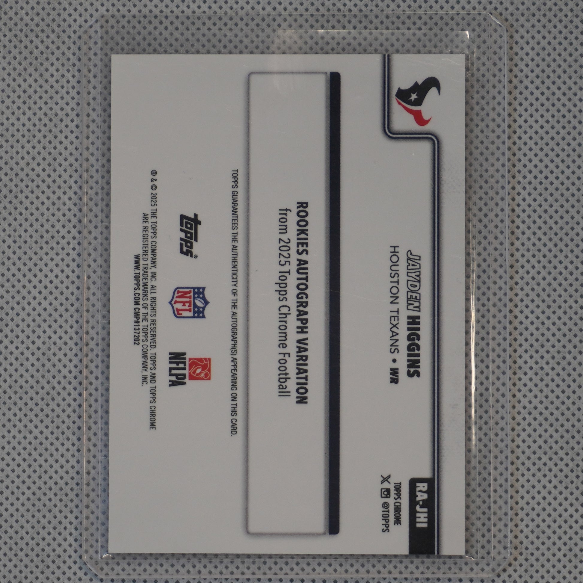 2025 Topps Chrome #RA-JHI Jayden Higgins Chrome Rookie Autographs Orange Lava Refractor #/25 Houston Texans SN.AU
