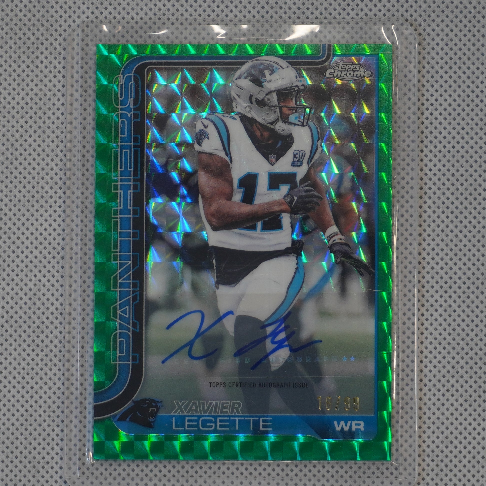 2025 Topps Chrome #38 Xavier Legette Auto Green Geometric Refractor #/99 Carolina Panthers SN.AU