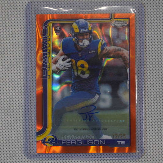 2025 Topps Chrome #RA-TFE Terrance Ferguson Chrome Rookie Autographs Orange Lava Refractor #/25 Los Angeles Rams SN.AU