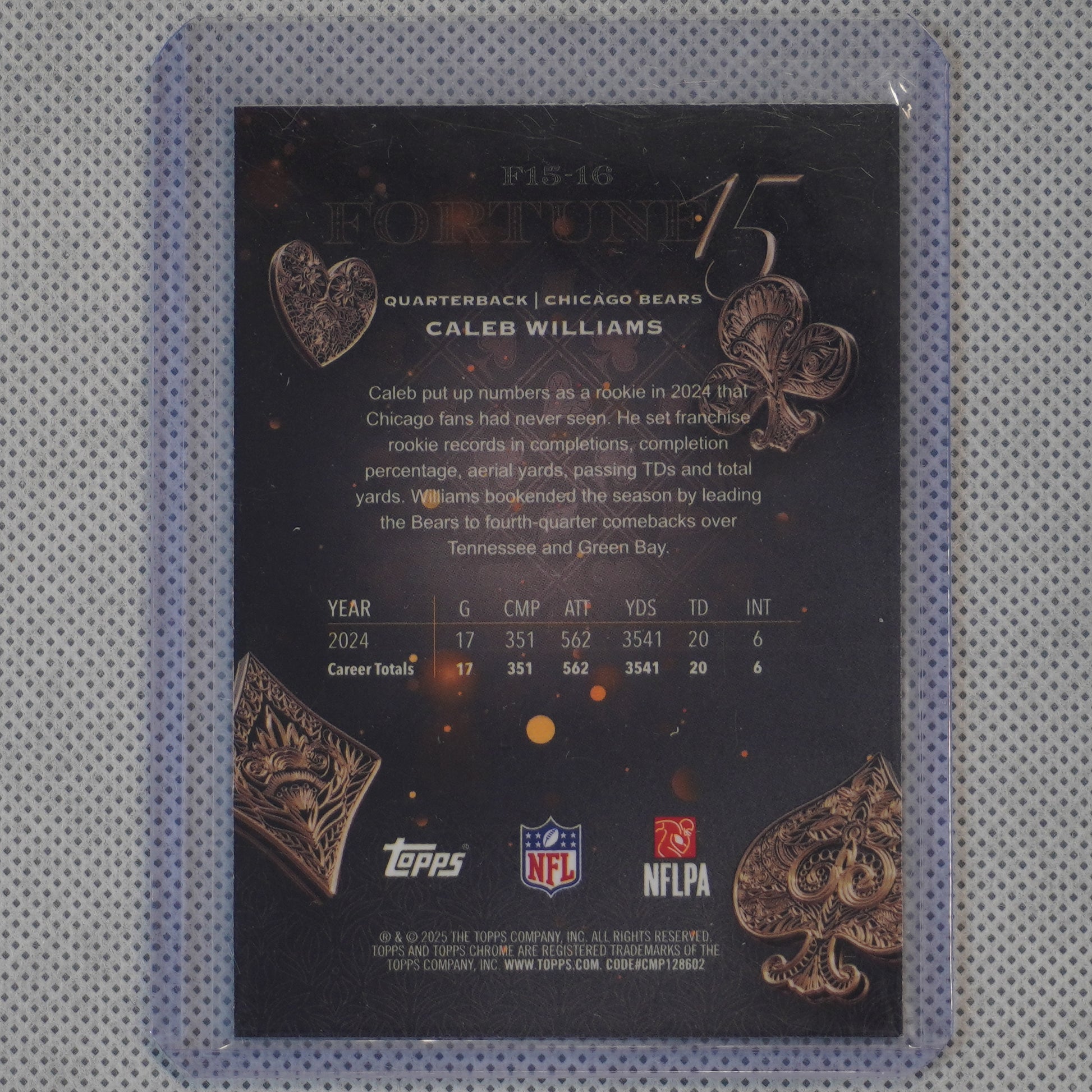 2025 Topps Chrome #F15-16 Caleb Williams Fortune 15 Green Refractor #/99 Chicago Bears SN