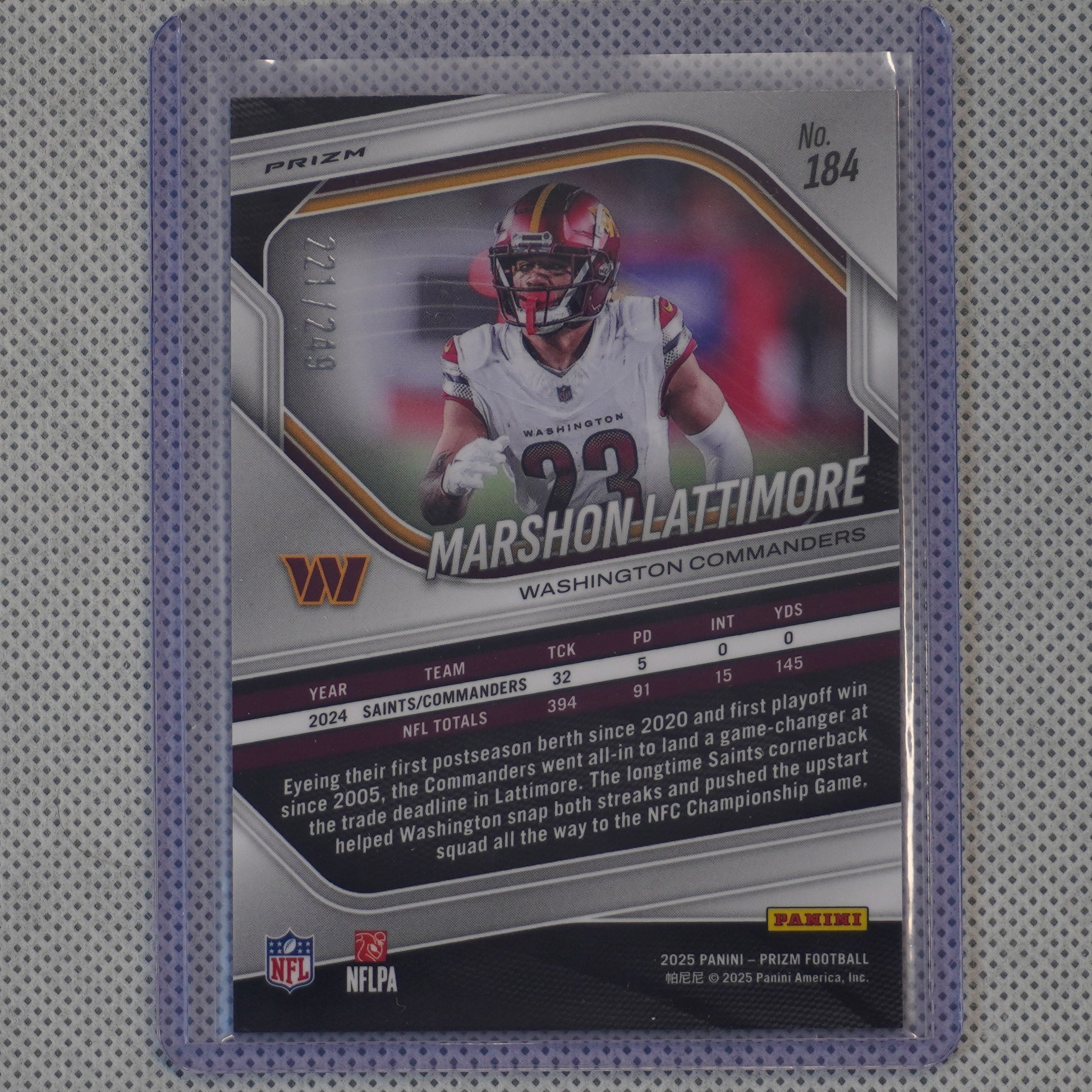 2025 Panini Prizm #184 Marshon Lattimore Orange #/249 Washington Commanders SN