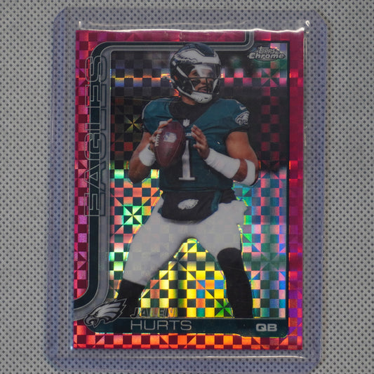 2025 Topps Chrome #247 Jalen Hurts Hot Pink X-Fractor Philadelphia Eagles